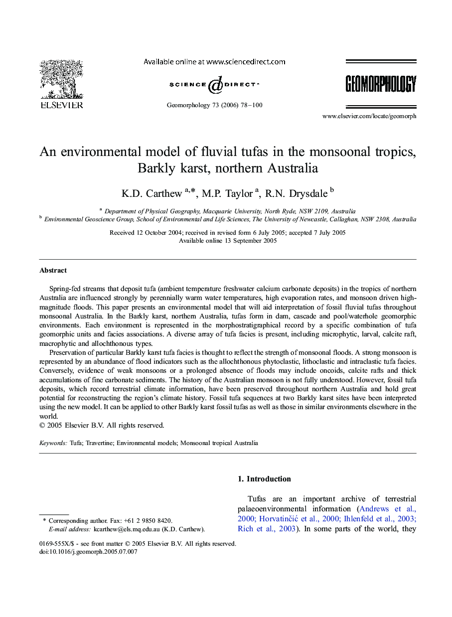 An environmental model of fluvial tufas in the monsoonal tropics, Barkly karst, northern Australia