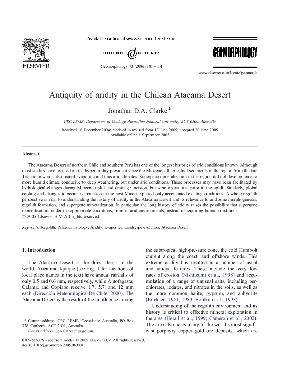 Antiquity of aridity in the Chilean Atacama Desert