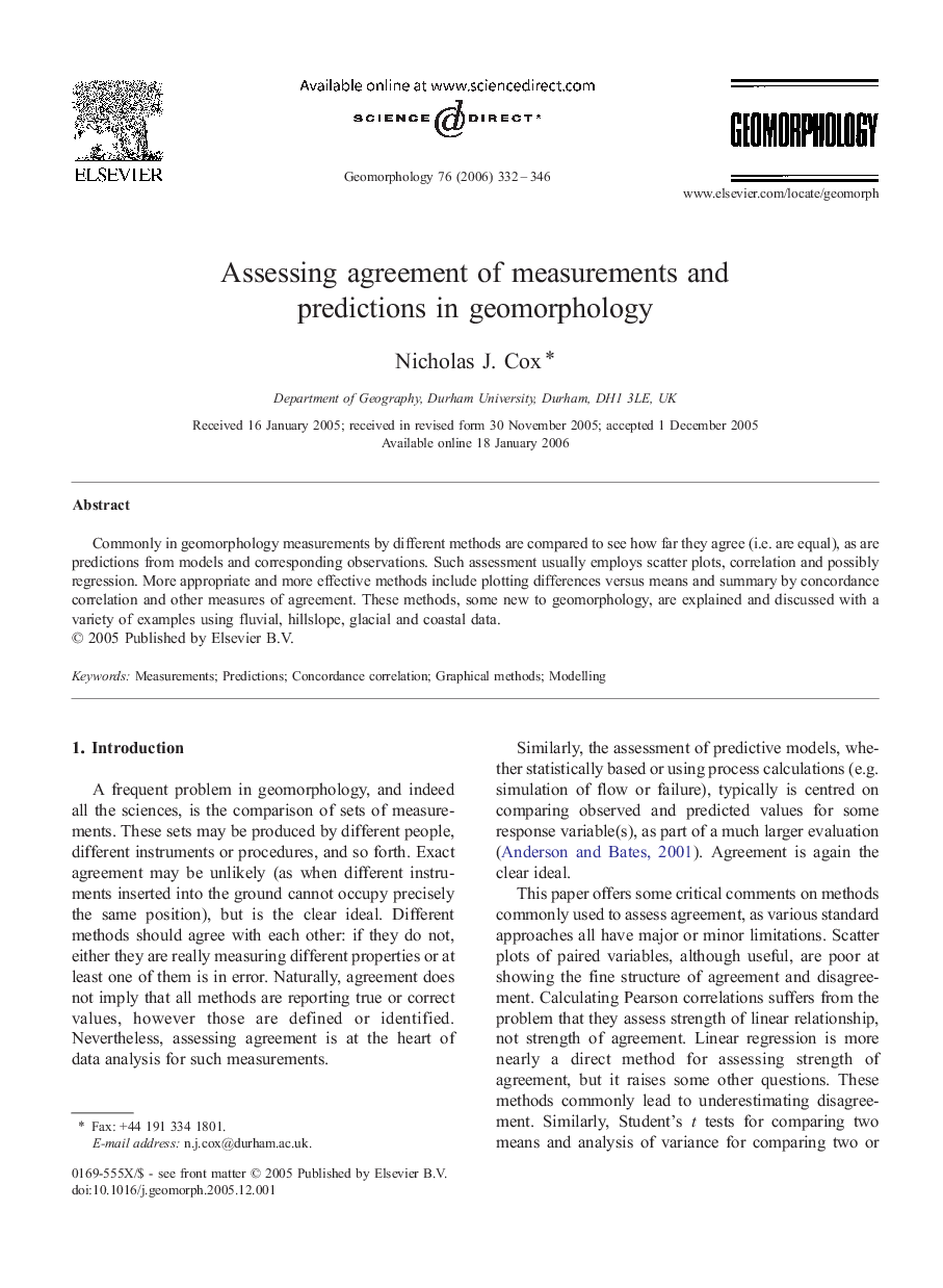 Assessing agreement of measurements and predictions in geomorphology