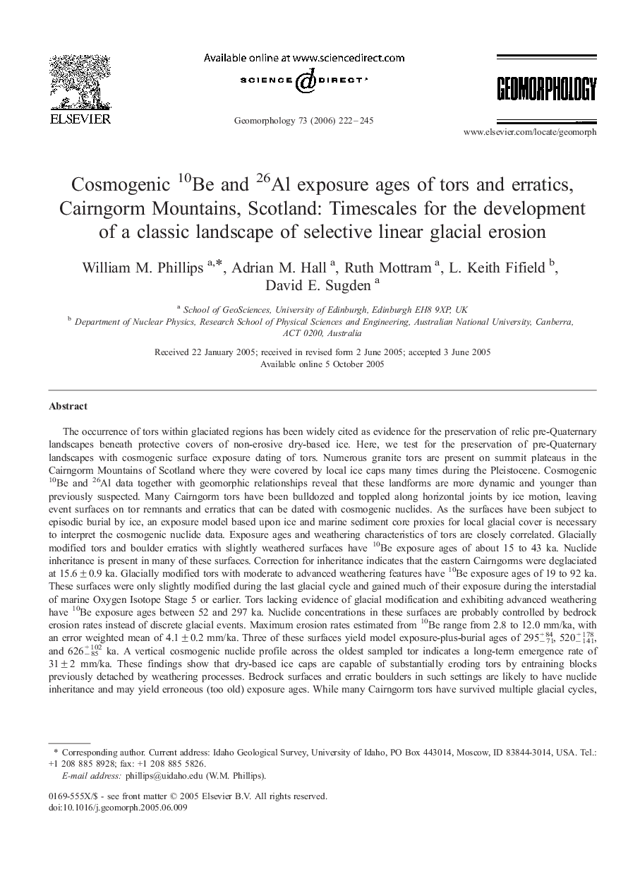 Cosmogenic 10Be and 26Al exposure ages of tors and erratics, Cairngorm Mountains, Scotland: Timescales for the development of a classic landscape of selective linear glacial erosion