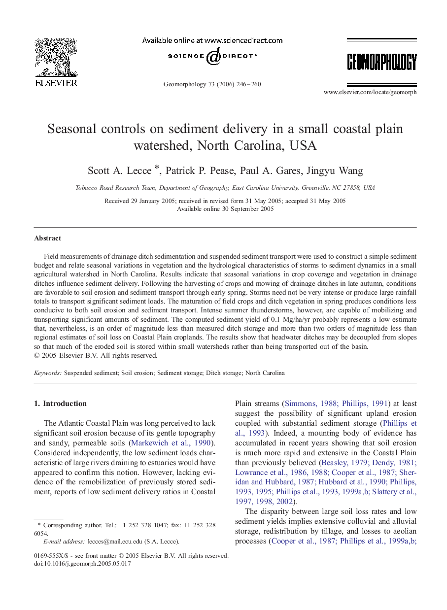 Seasonal controls on sediment delivery in a small coastal plain watershed, North Carolina, USA