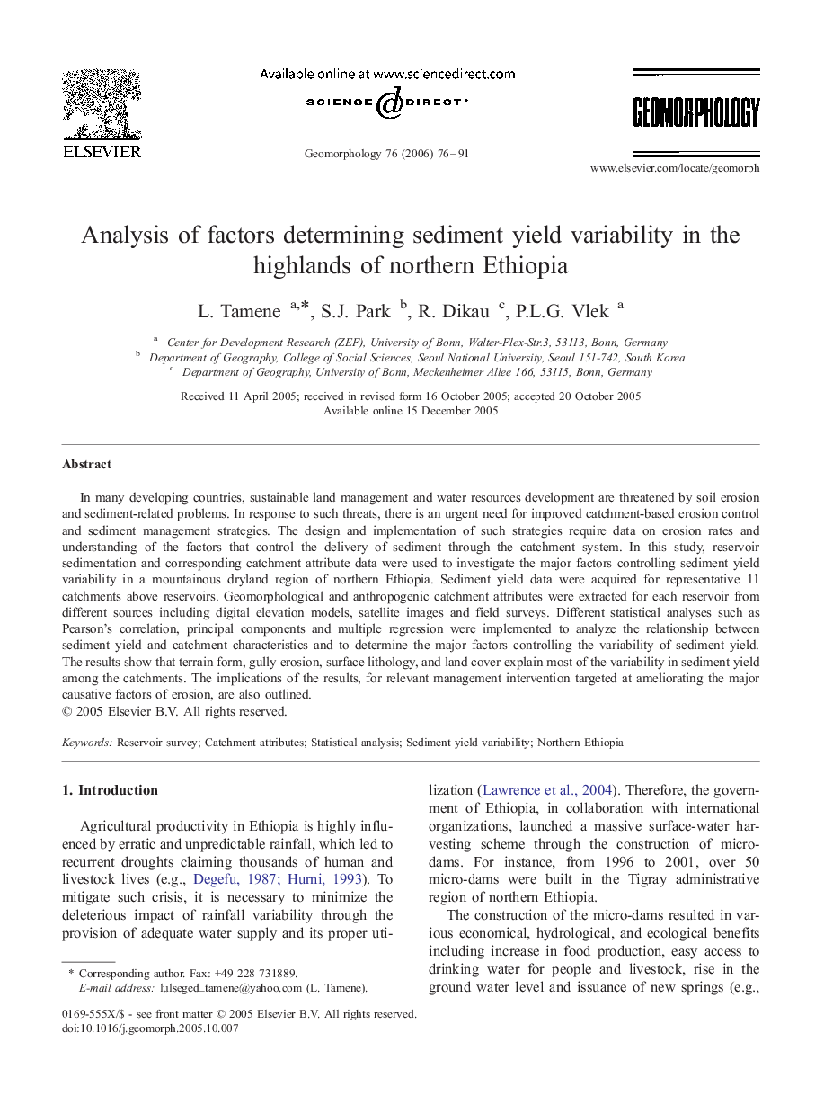 Analysis of factors determining sediment yield variability in the highlands of northern Ethiopia