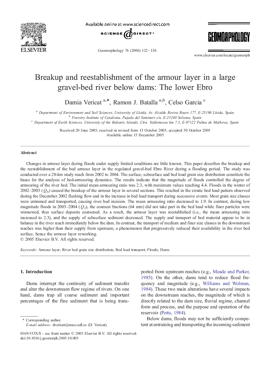 Breakup and reestablishment of the armour layer in a large gravel-bed river below dams: The lower Ebro