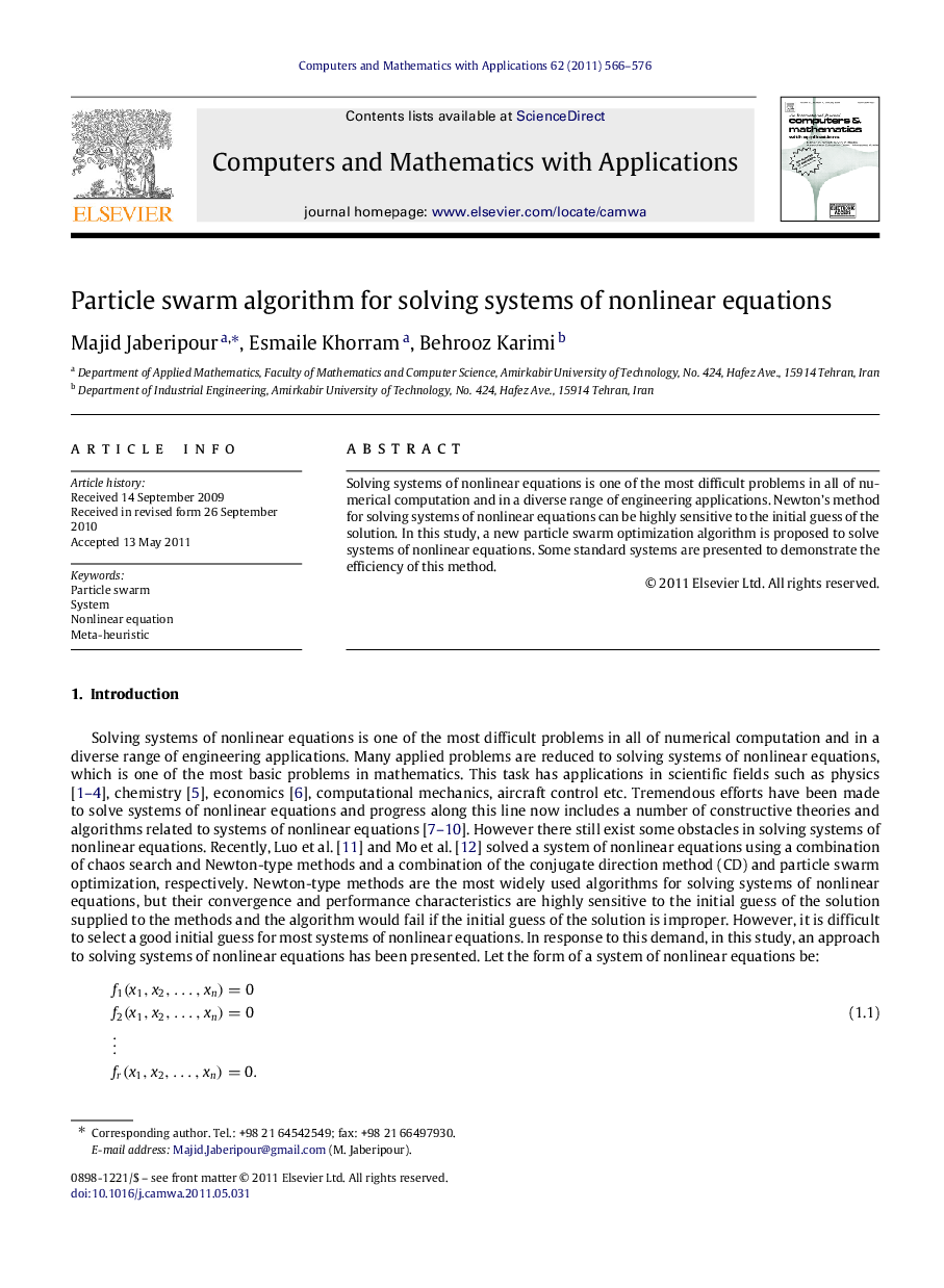 Particle swarm algorithm for solving systems of nonlinear equations