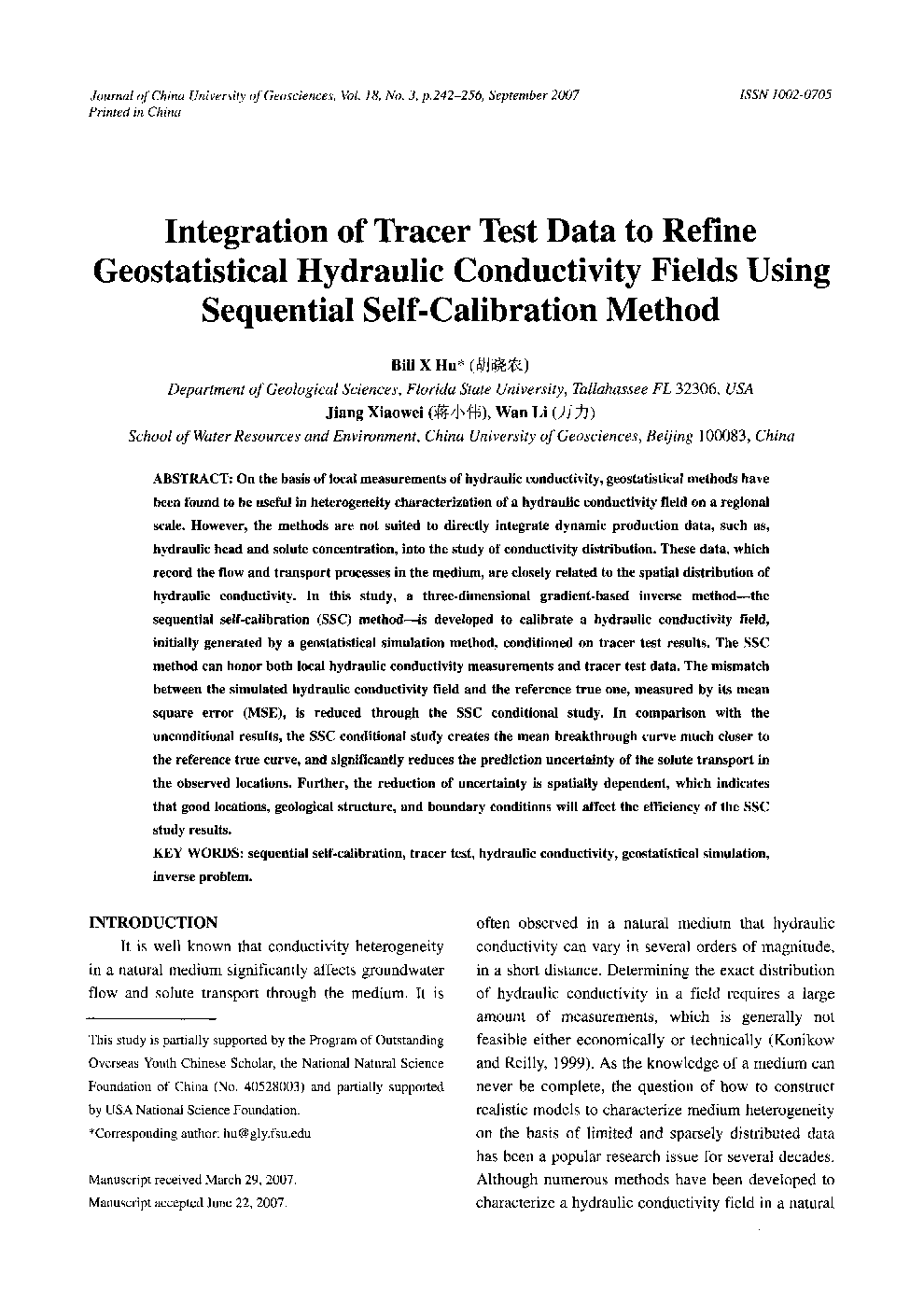 Integration of Tracer Test Data to Refine Geostatistical Hydraulic Conductivity Fields Using Sequential Self-Calibration Method