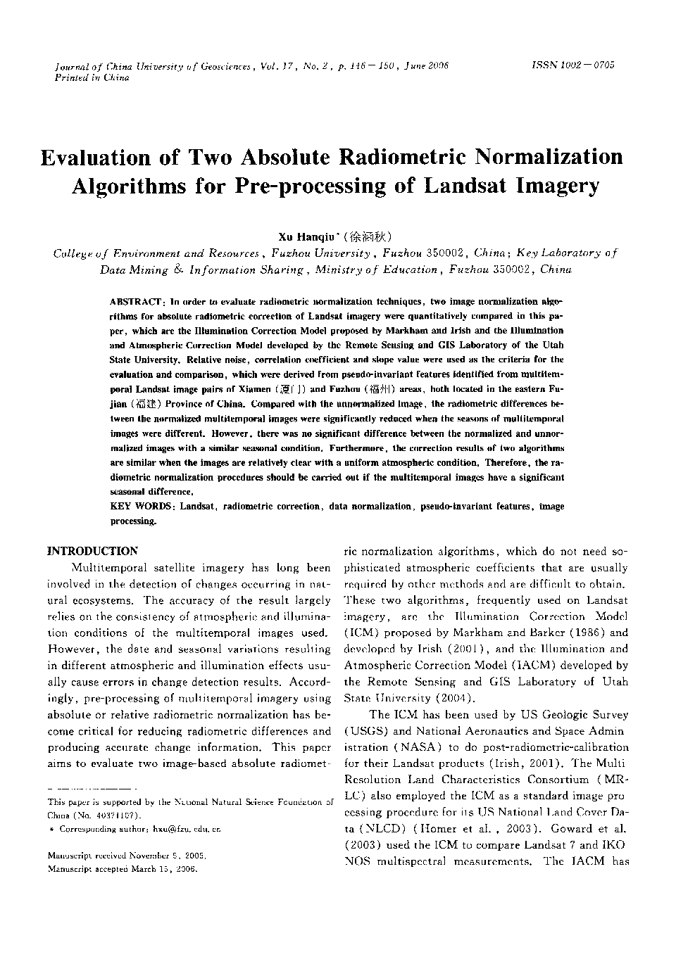Evaluation of Two Absolute Radiometric Normalization Algorithms for Pre-processing of Landsat Imagery