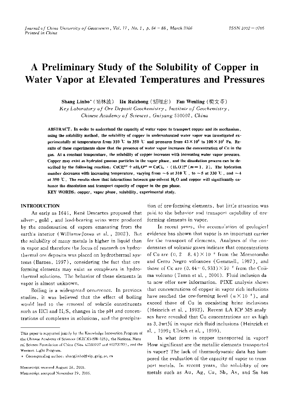 A Preliminary Study of the Solubility of Copper in Water Vapor at Elevated Temperatures and Pressures