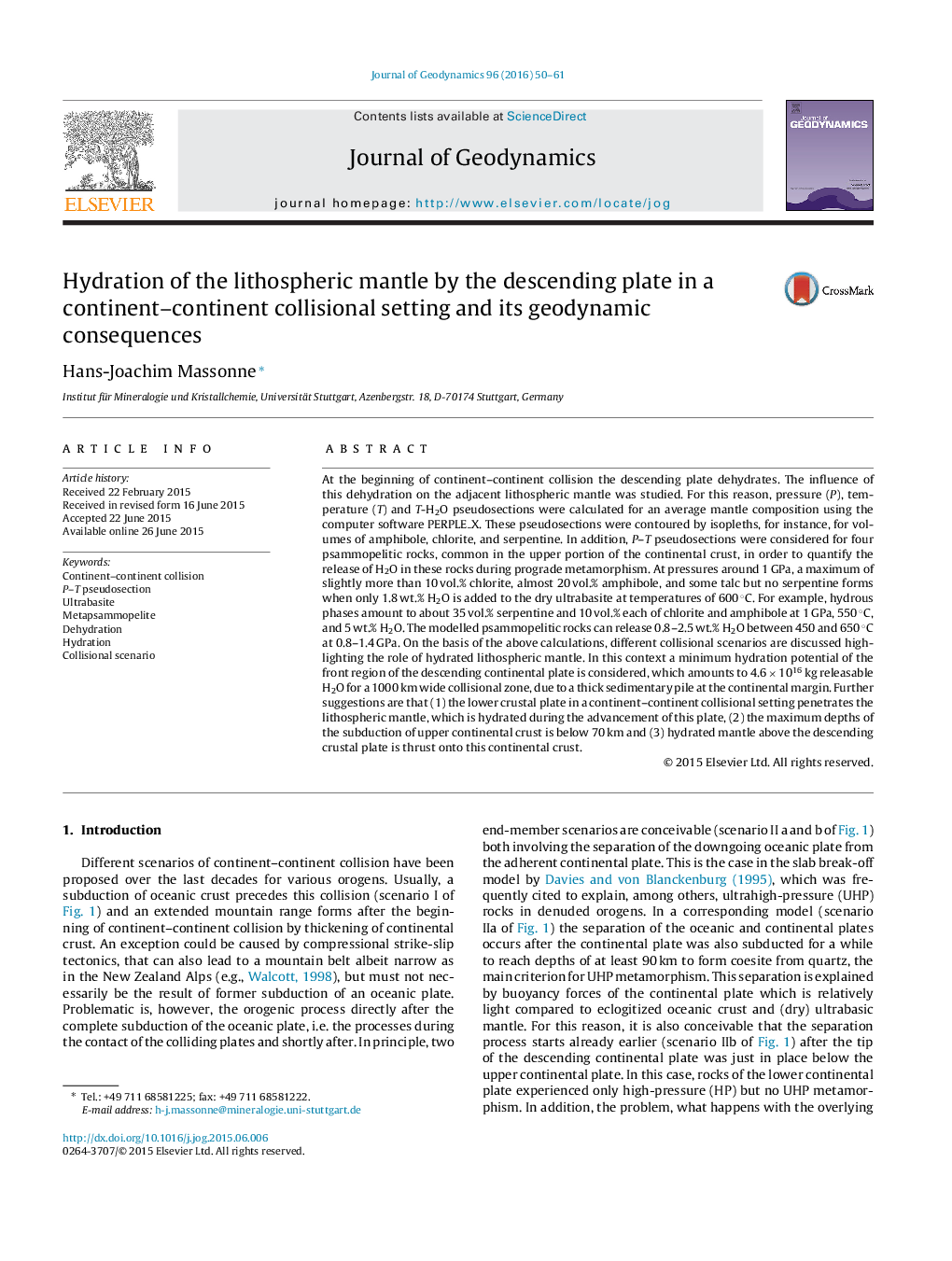 Hydration of the lithospheric mantle by the descending plate in a continent–continent collisional setting and its geodynamic consequences