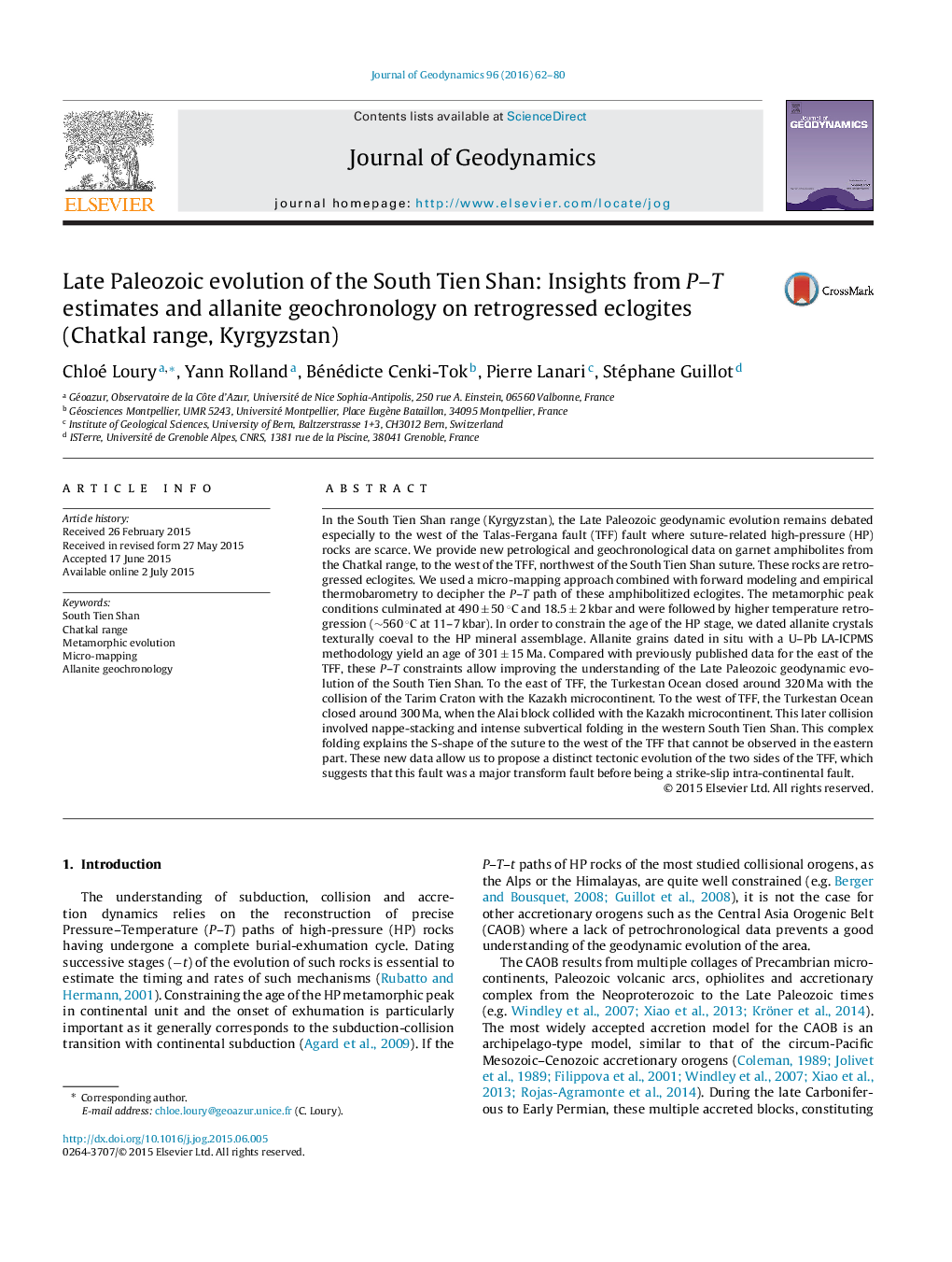 Late Paleozoic evolution of the South Tien Shan: Insights from P–T estimates and allanite geochronology on retrogressed eclogites (Chatkal range, Kyrgyzstan)