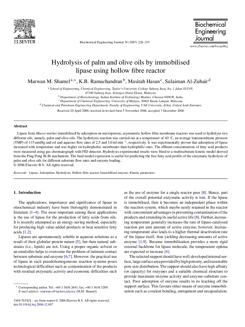 Hydrolysis of palm and olive oils by immobilised lipase using hollow fibre reactor