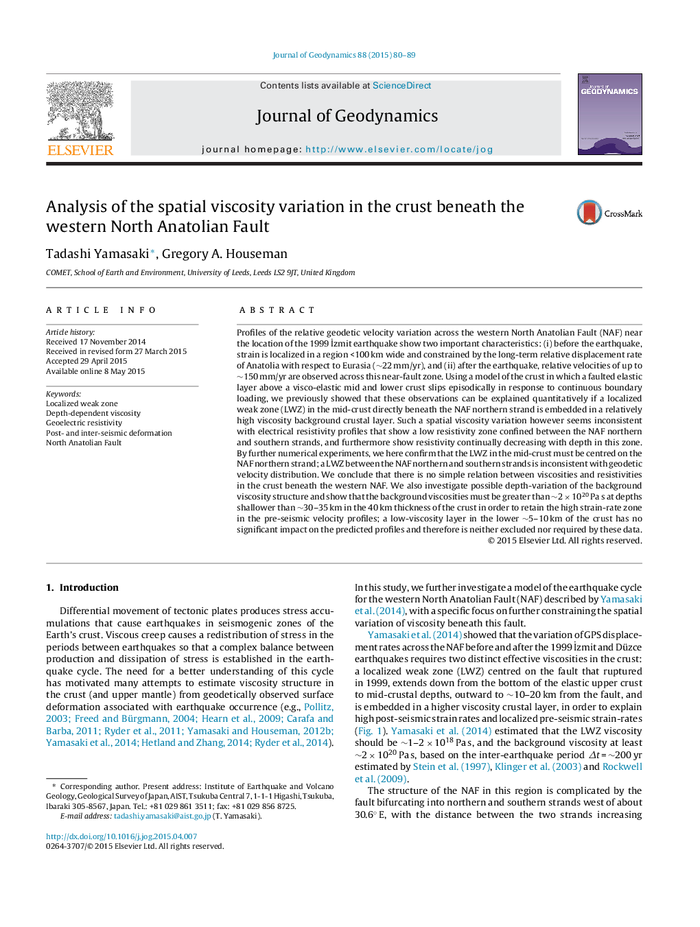 Analysis of the spatial viscosity variation in the crust beneath the western North Anatolian Fault