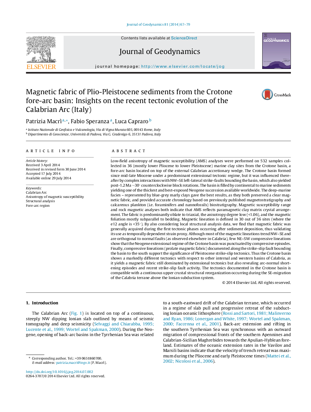 Magnetic fabric of Plio-Pleistocene sediments from the Crotone fore-arc basin: Insights on the recent tectonic evolution of the Calabrian Arc (Italy)