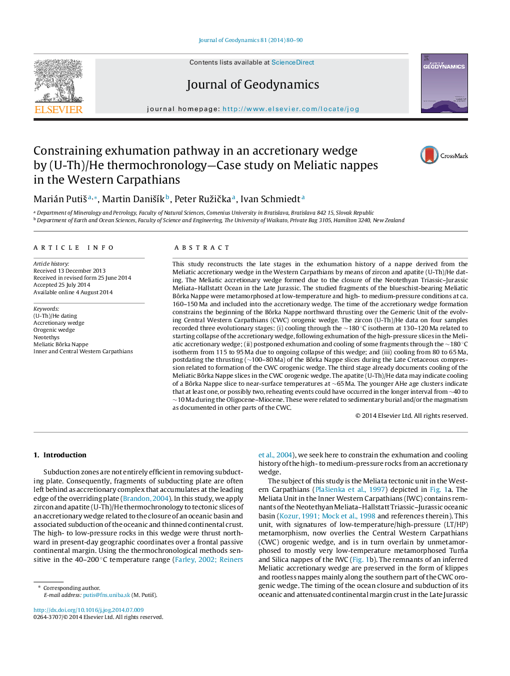 Constraining exhumation pathway in an accretionary wedge by (U-Th)/He thermochronology—Case study on Meliatic nappes in the Western Carpathians