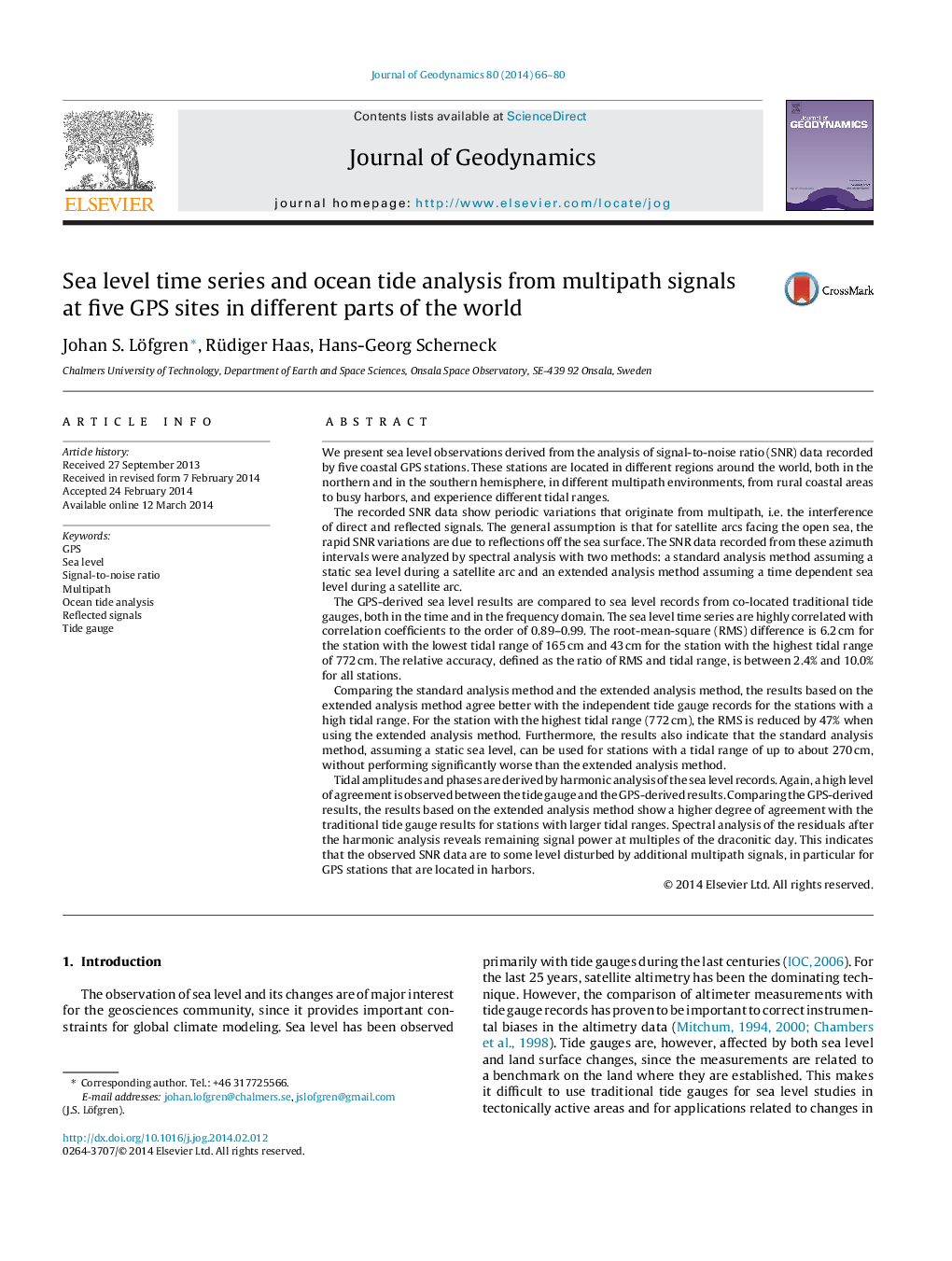 Sea level time series and ocean tide analysis from multipath signals at five GPS sites in different parts of the world