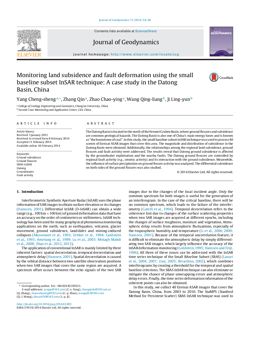 Monitoring land subsidence and fault deformation using the small baseline subset InSAR technique: A case study in the Datong Basin, China