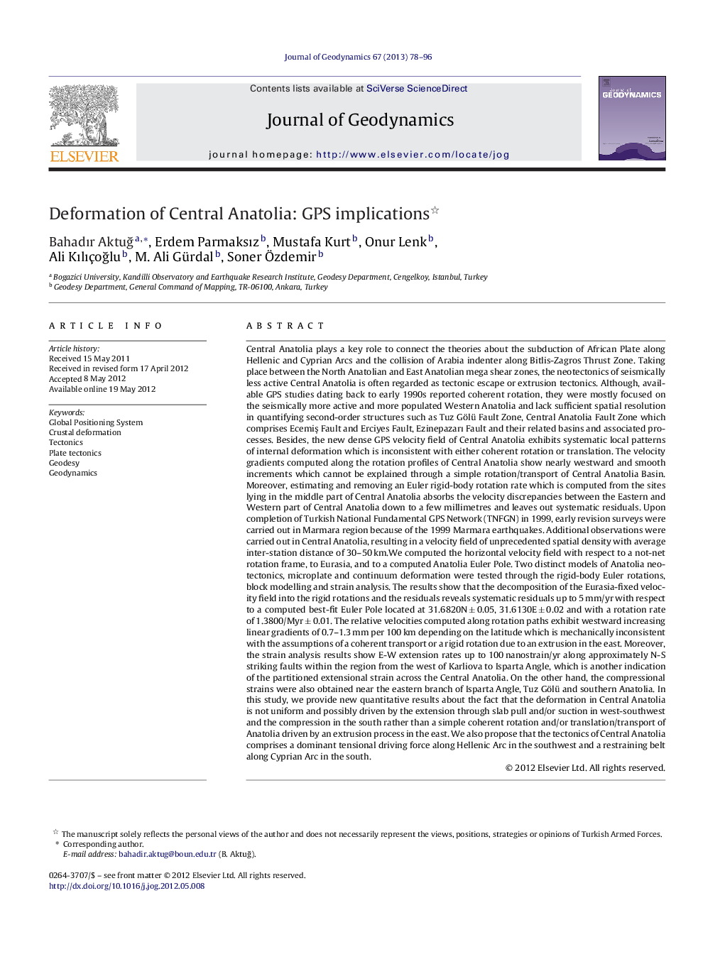 Deformation of Central Anatolia: GPS implications 