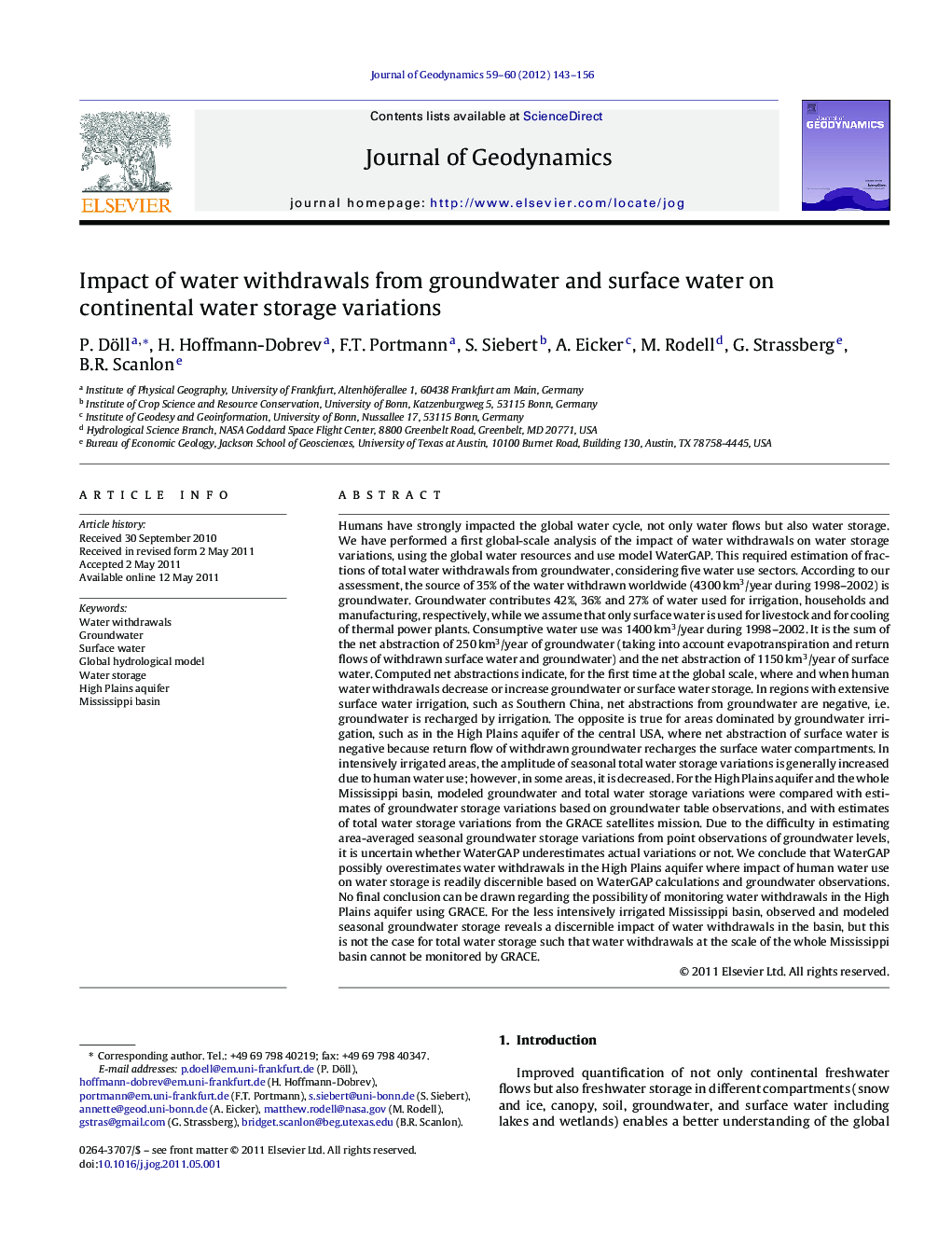 Impact of water withdrawals from groundwater and surface water on continental water storage variations