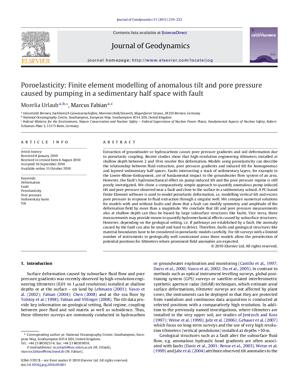 Poroelasticity: Finite element modelling of anomalous tilt and pore pressure caused by pumping in a sedimentary half space with fault