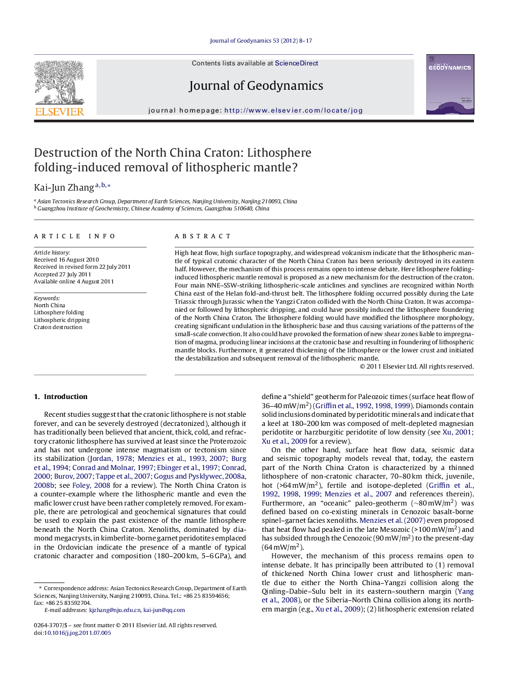 Destruction of the North China Craton: Lithosphere folding-induced removal of lithospheric mantle?