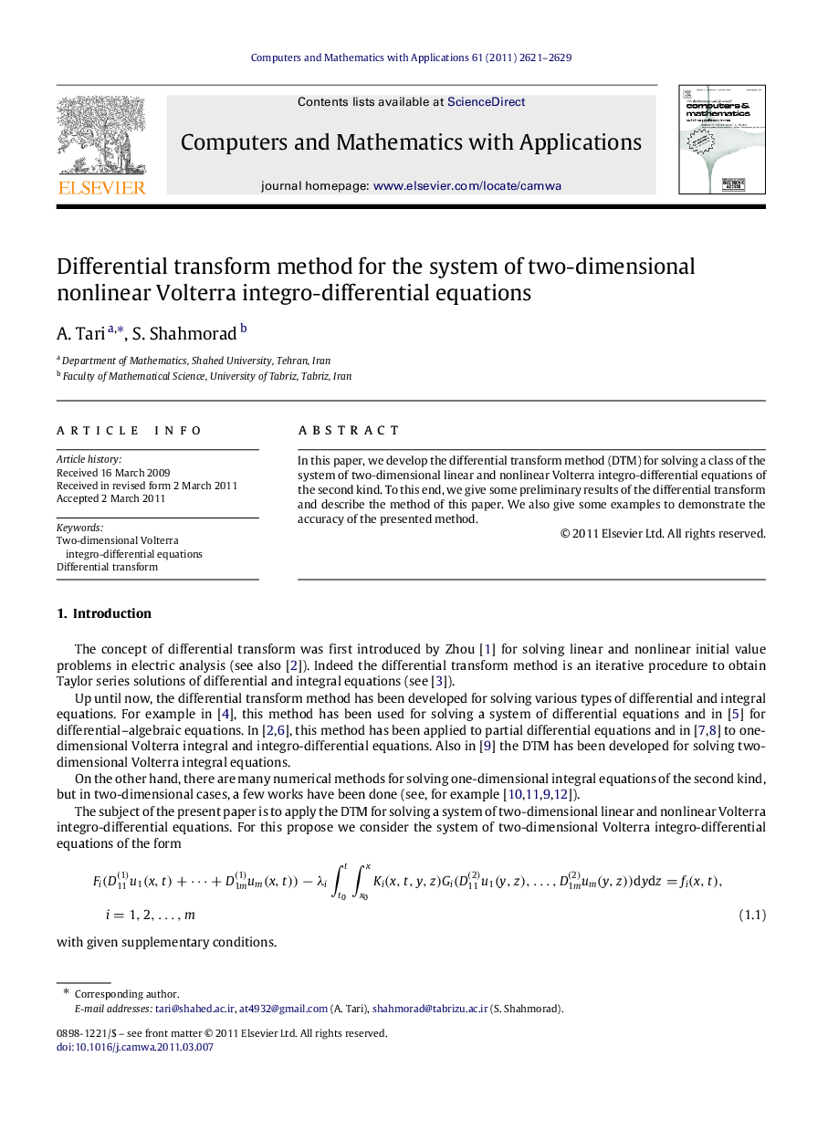 Differential transform method for the system of two-dimensional nonlinear Volterra integro-differential equations