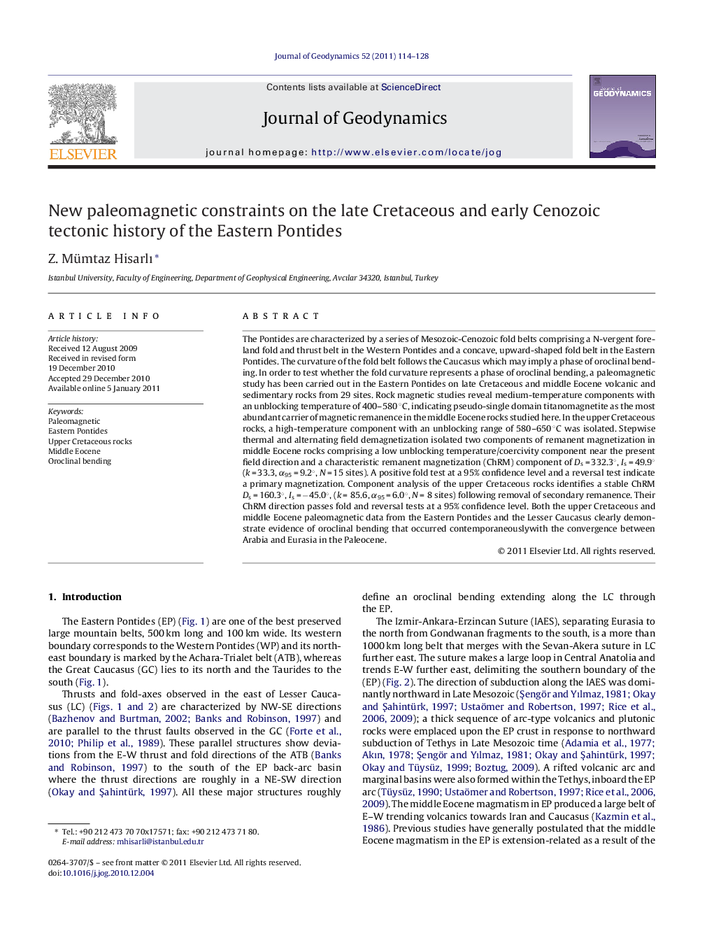 New paleomagnetic constraints on the late Cretaceous and early Cenozoic tectonic history of the Eastern Pontides