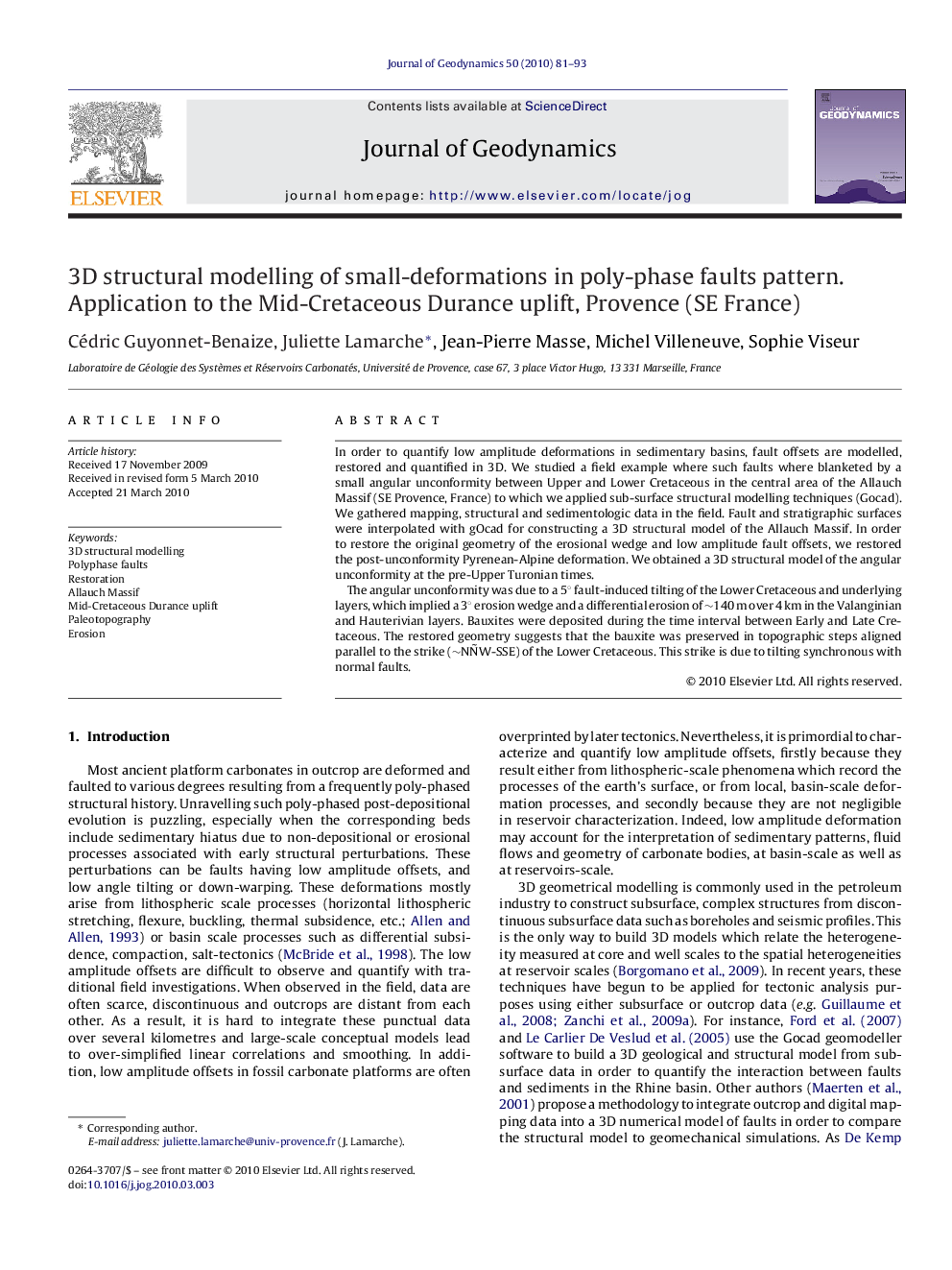 3D structural modelling of small-deformations in poly-phase faults pattern. Application to the Mid-Cretaceous Durance uplift, Provence (SE France)