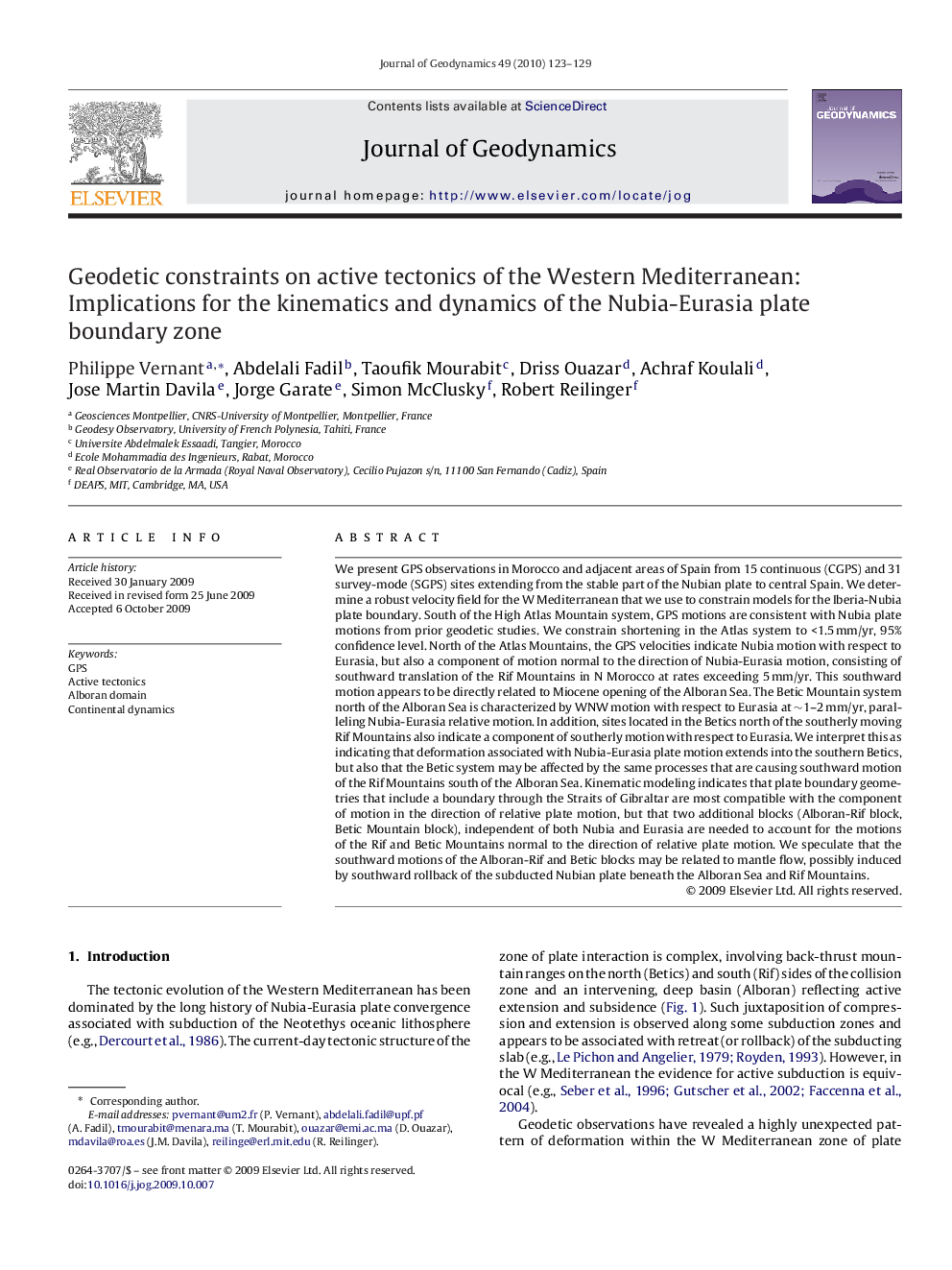 Geodetic constraints on active tectonics of the Western Mediterranean: Implications for the kinematics and dynamics of the Nubia-Eurasia plate boundary zone