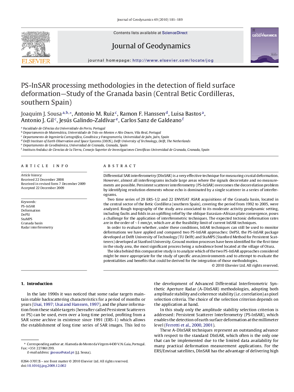 PS-InSAR processing methodologies in the detection of field surface deformation-Study of the Granada basin (Central Betic Cordilleras, southern Spain)