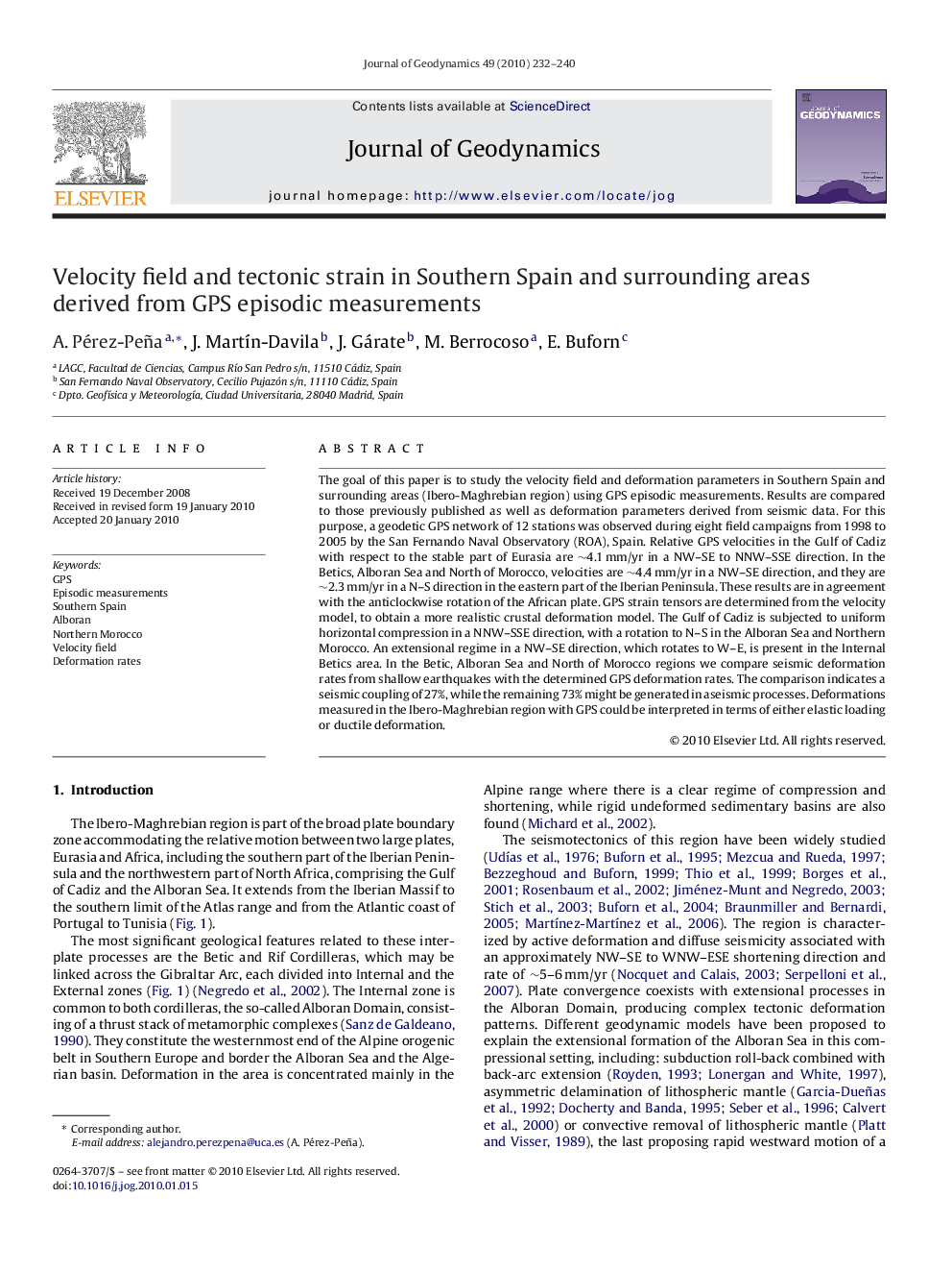 Velocity field and tectonic strain in Southern Spain and surrounding areas derived from GPS episodic measurements