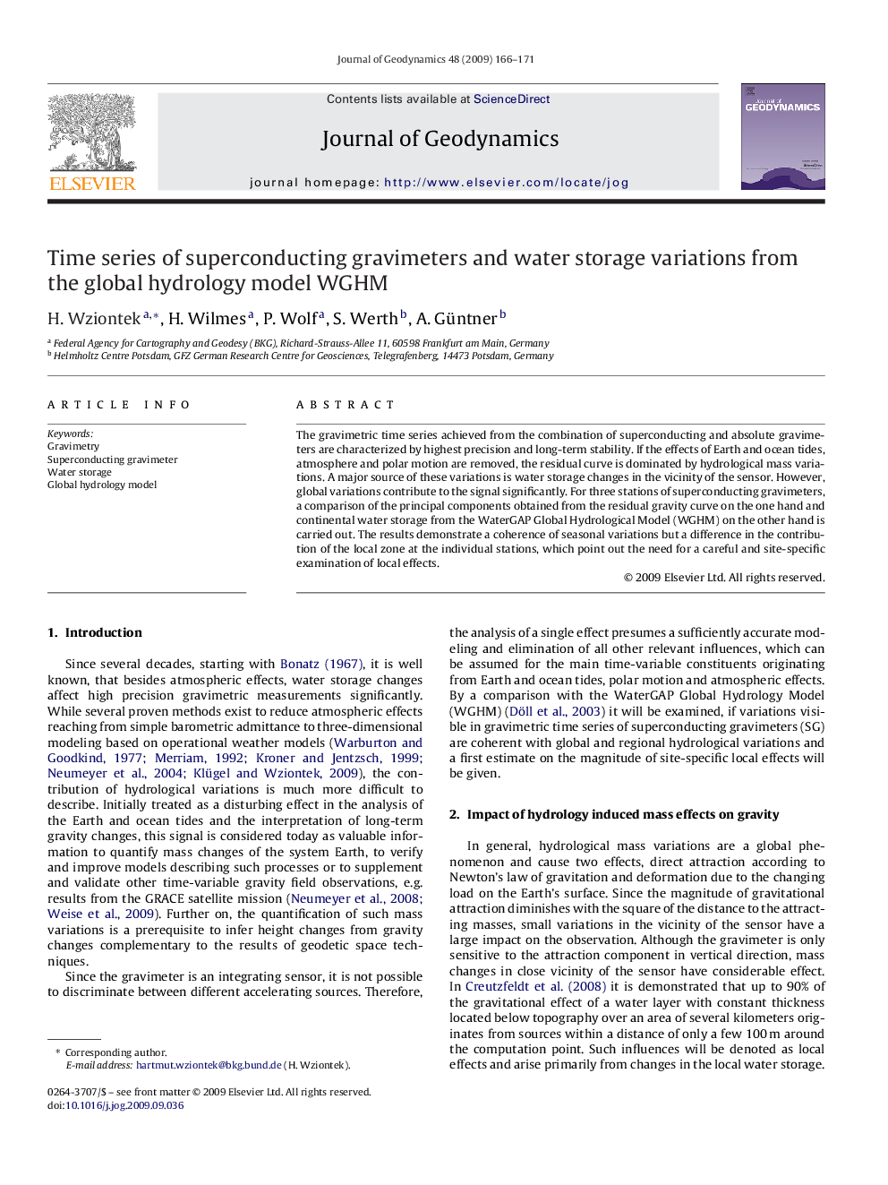 Time series of superconducting gravimeters and water storage variations from the global hydrology model WGHM