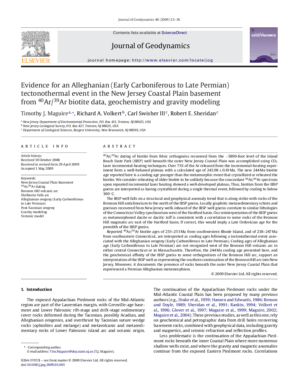 Evidence for an Alleghanian (Early Carboniferous to Late Permian) tectonothermal event in the New Jersey Coastal Plain basement from 40Ar/39Ar biotite data, geochemistry and gravity modeling