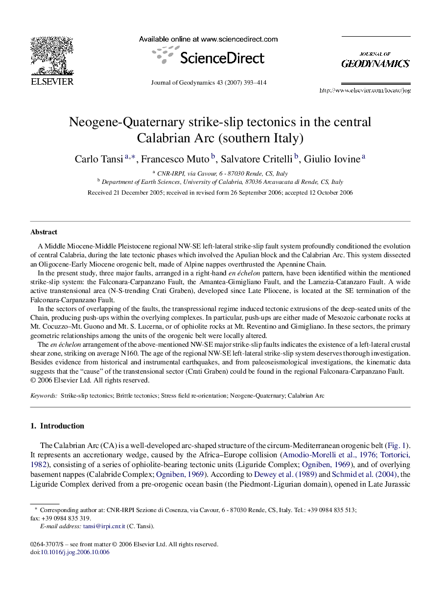 Neogene-Quaternary strike-slip tectonics in the central Calabrian Arc (southern Italy)