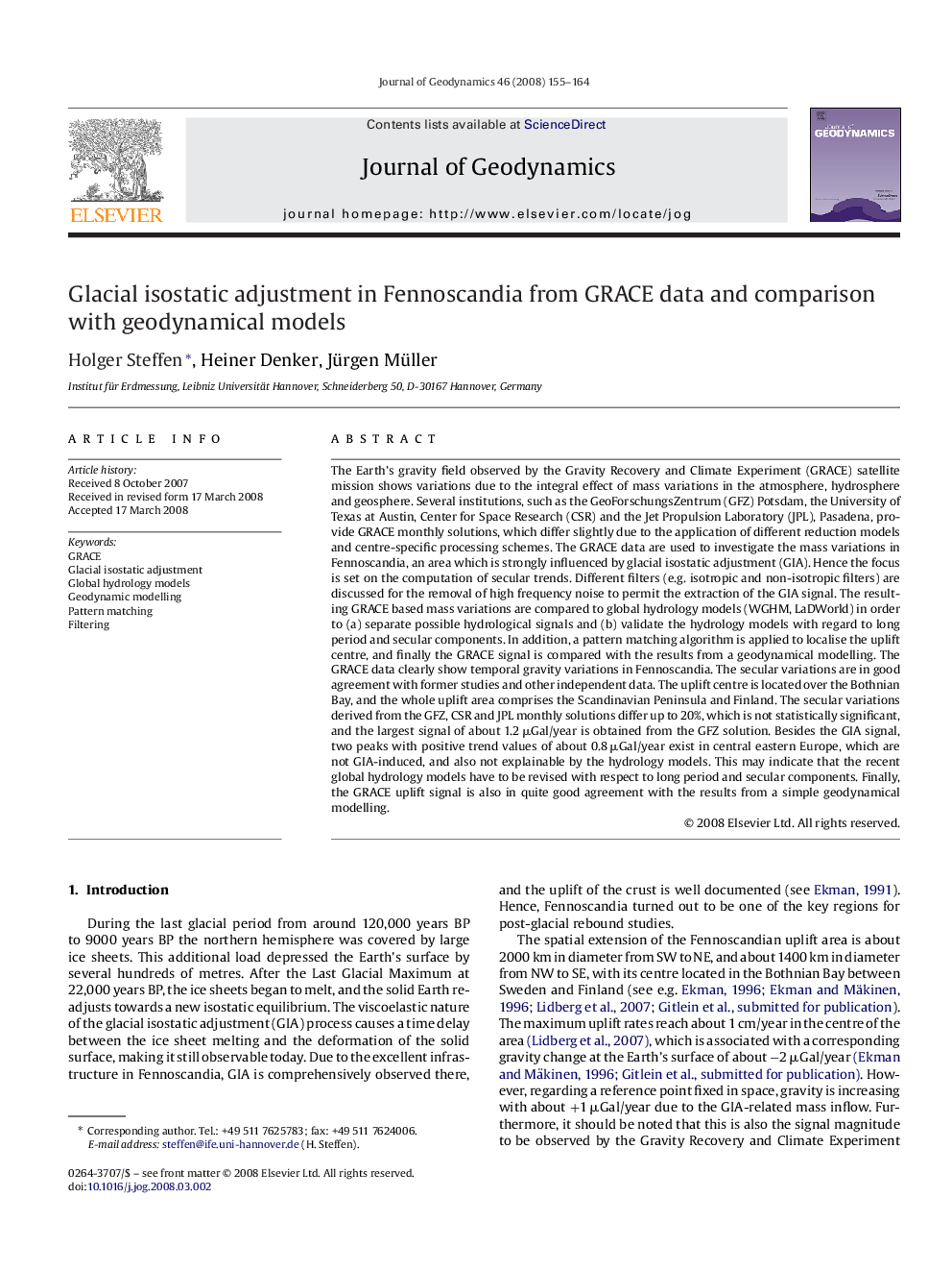 Glacial isostatic adjustment in Fennoscandia from GRACE data and comparison with geodynamical models