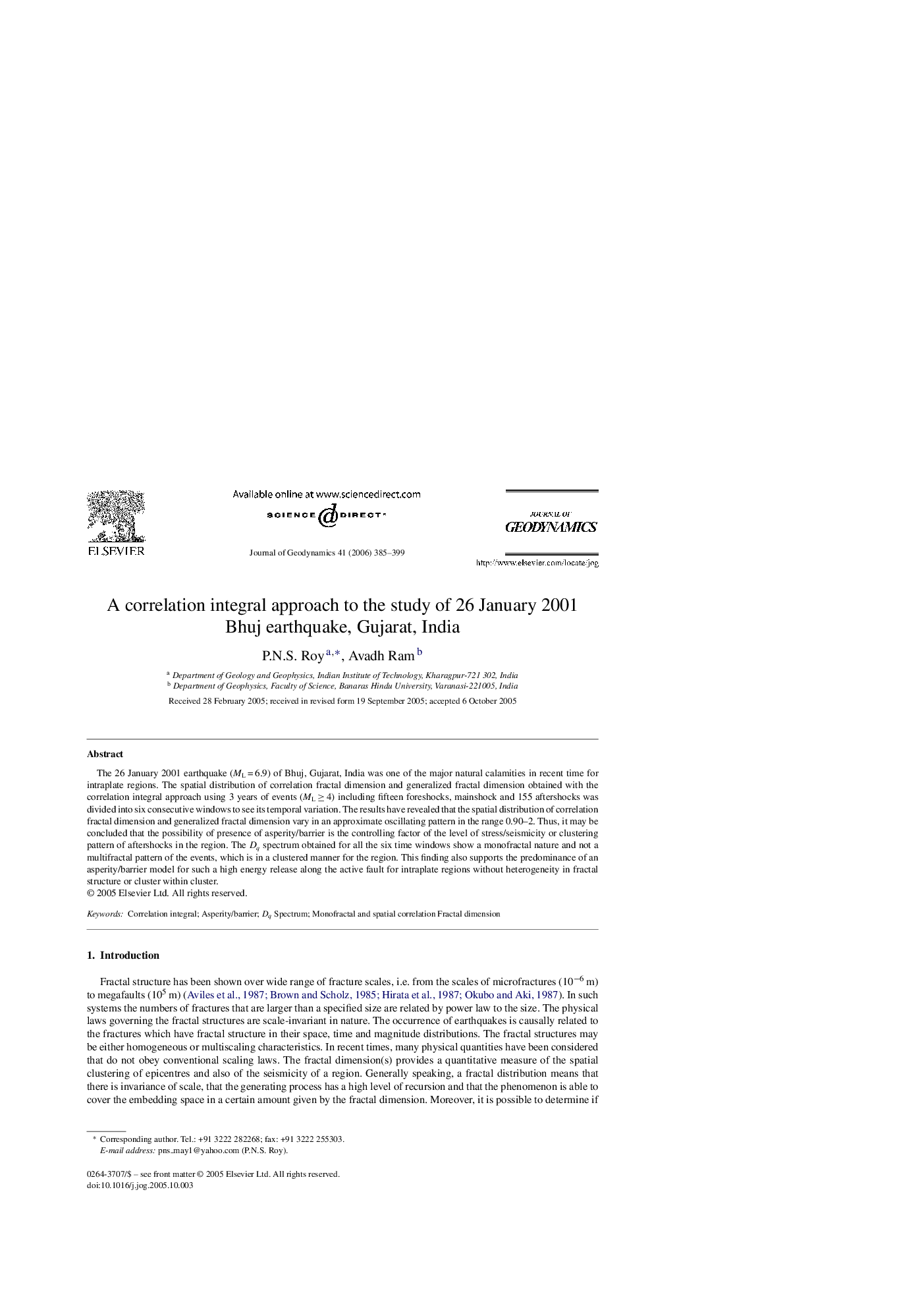 A correlation integral approach to the study of 26 January 2001 Bhuj earthquake, Gujarat, India