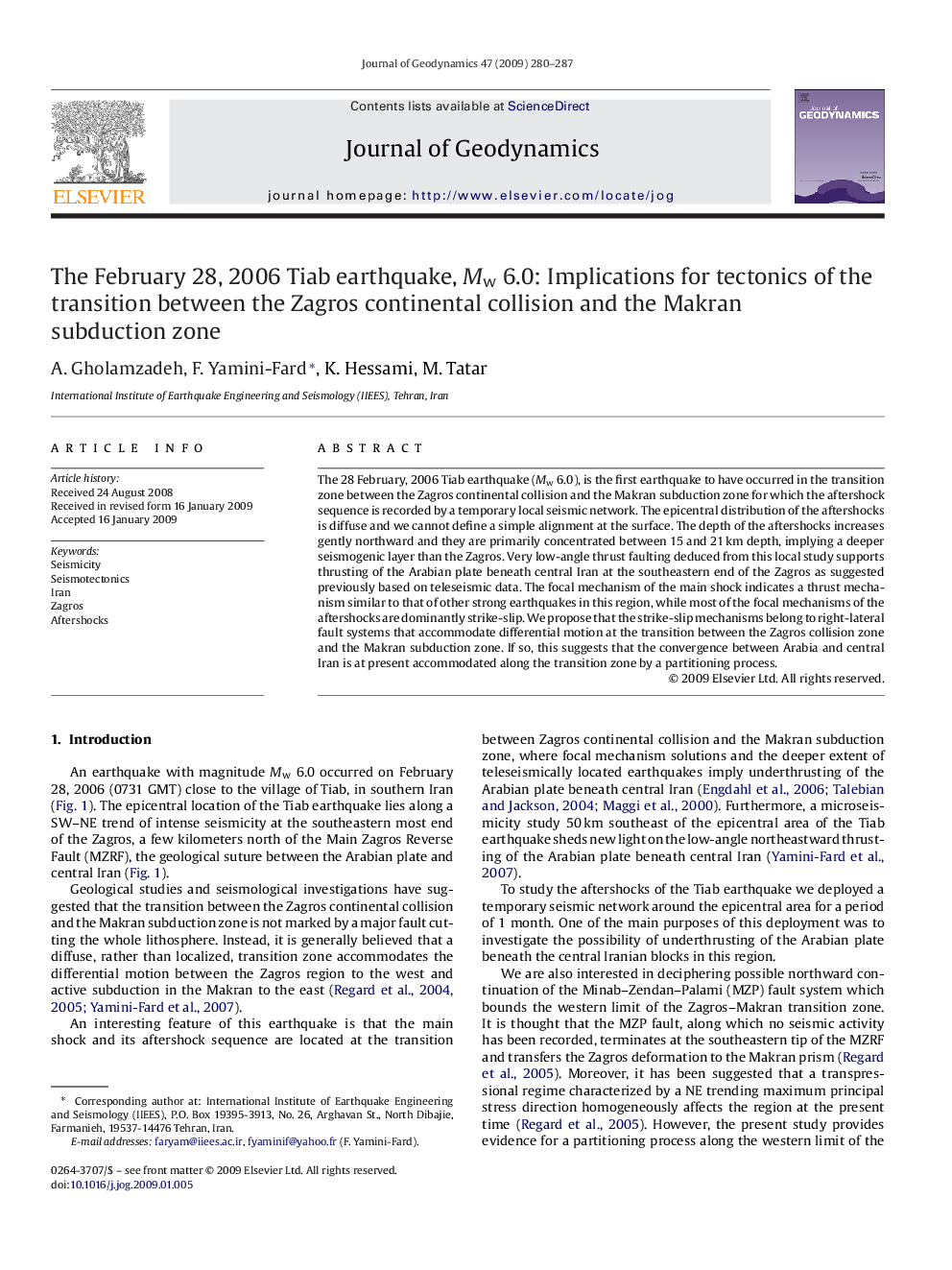 The February 28, 2006 Tiab earthquake, Mw 6.0: Implications for tectonics of the transition between the Zagros continental collision and the Makran subduction zone