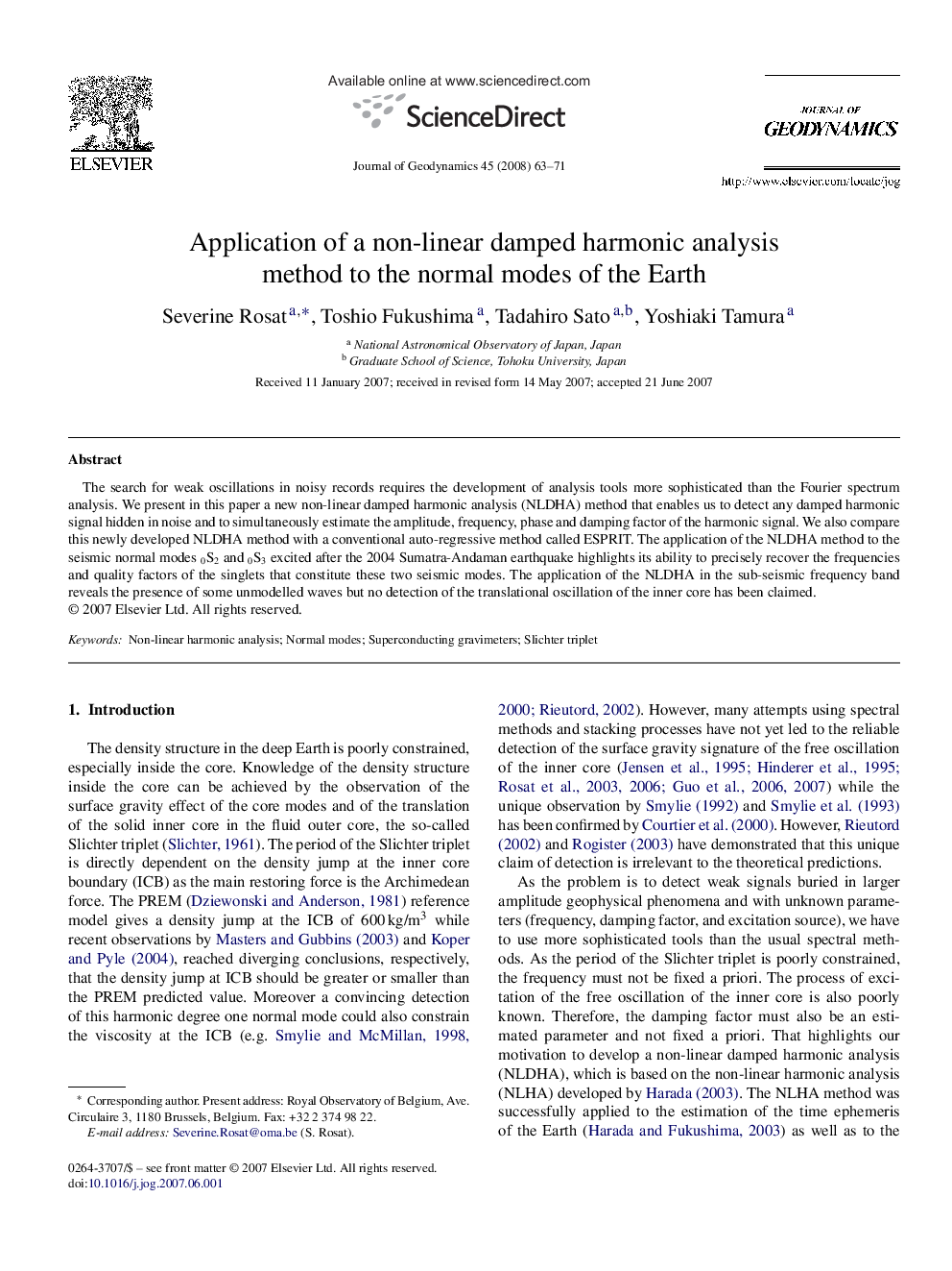 Application of a non-linear damped harmonic analysis method to the normal modes of the Earth