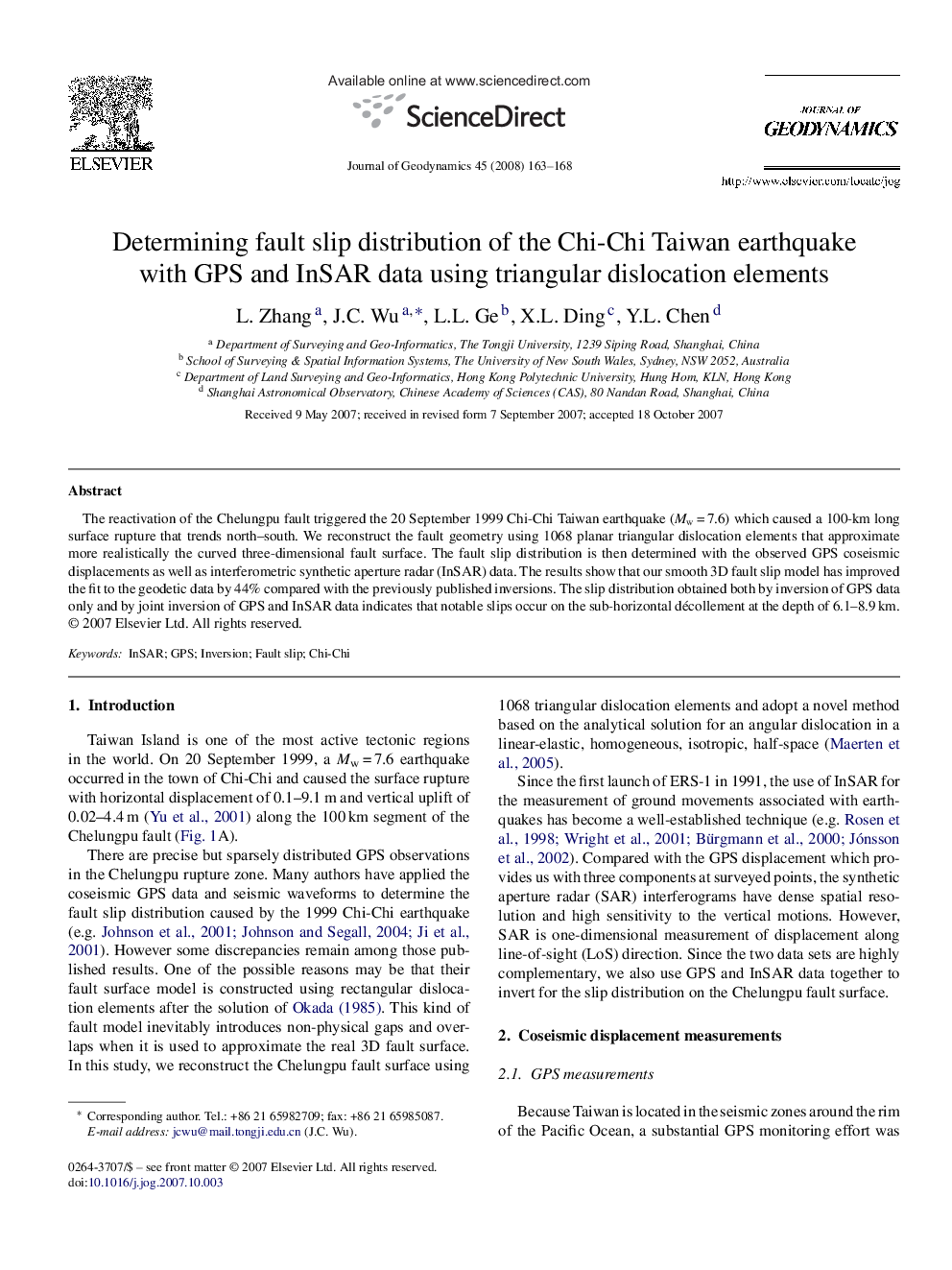 Determining fault slip distribution of the Chi-Chi Taiwan earthquake with GPS and InSAR data using triangular dislocation elements