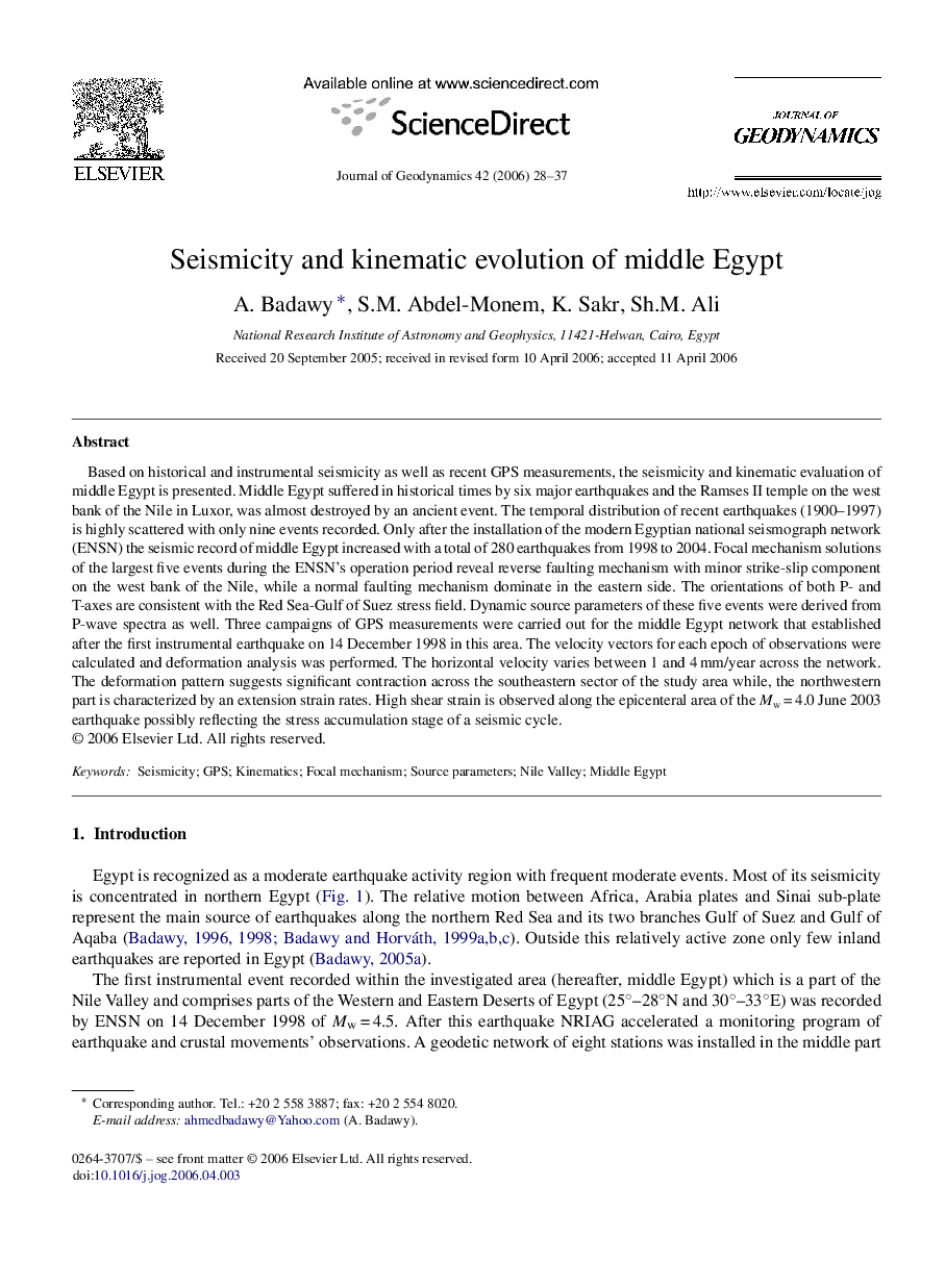 Seismicity and kinematic evolution of middle Egypt