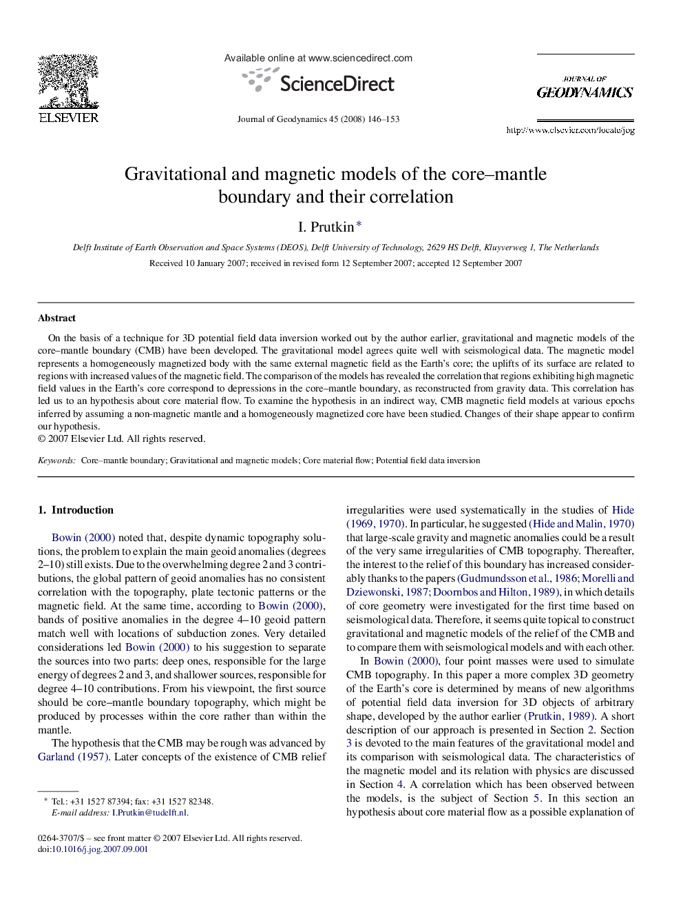 Gravitational and magnetic models of the core-mantle boundary and their correlation