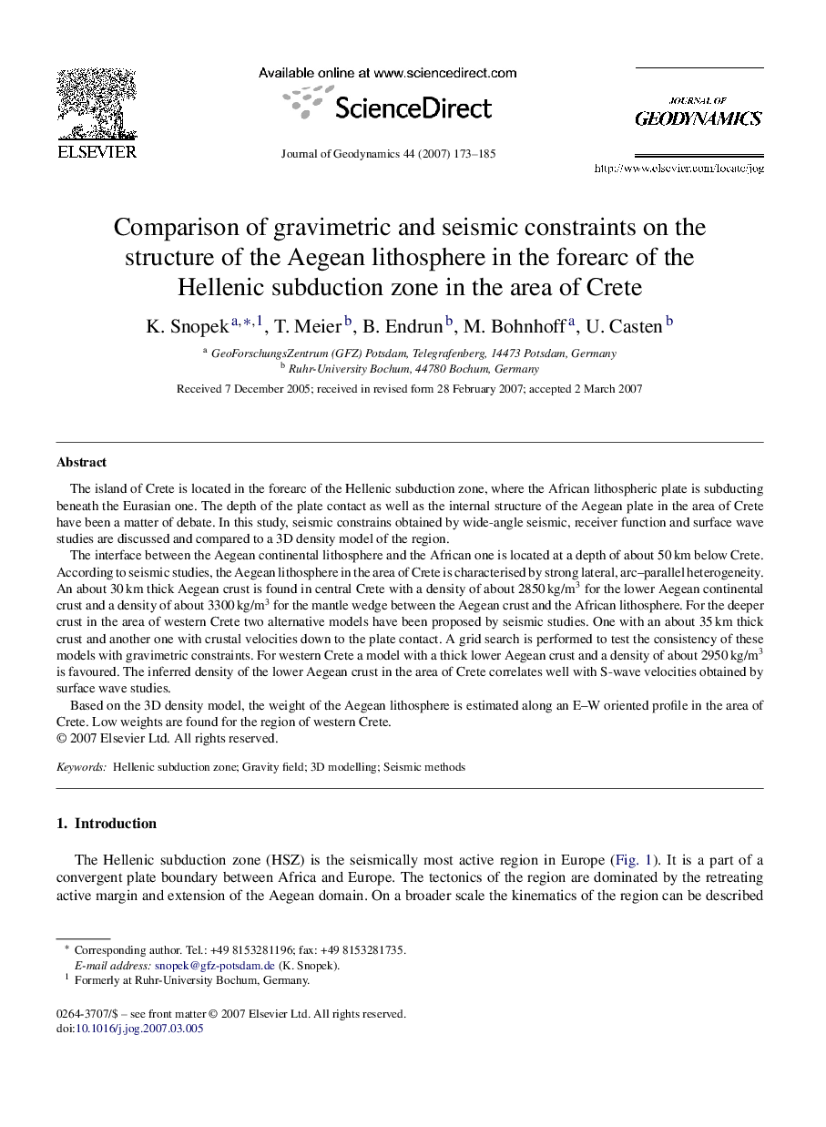 Comparison of gravimetric and seismic constraints on the structure of the Aegean lithosphere in the forearc of the Hellenic subduction zone in the area of Crete