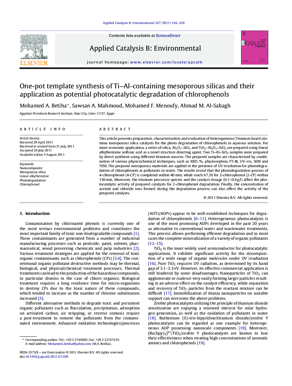 One-pot template synthesis of Ti–Al-containing mesoporous silicas and their application as potential photocatalytic degradation of chlorophenols