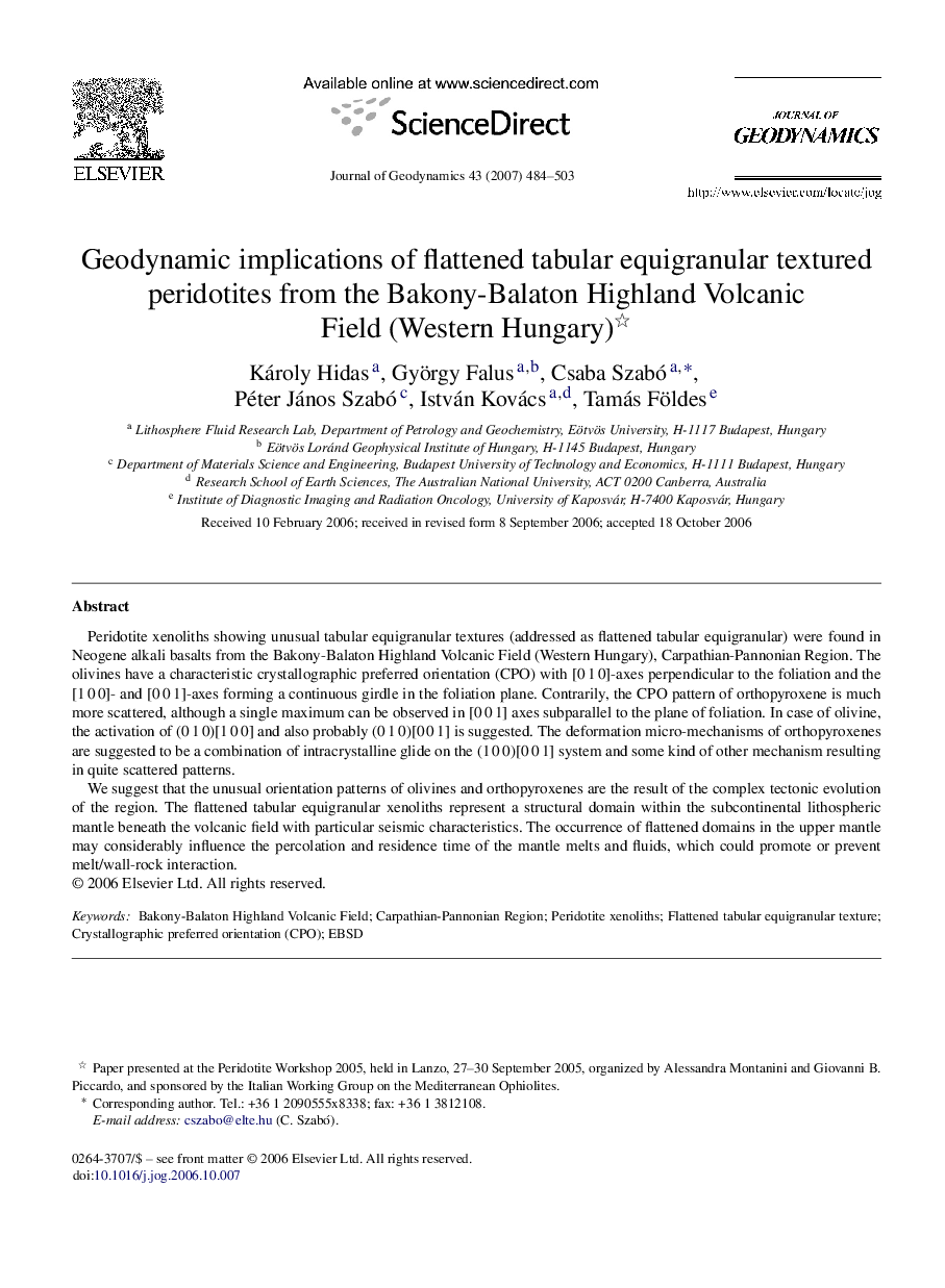 Geodynamic implications of flattened tabular equigranular textured peridotites from the Bakony-Balaton Highland Volcanic Field (Western Hungary) 