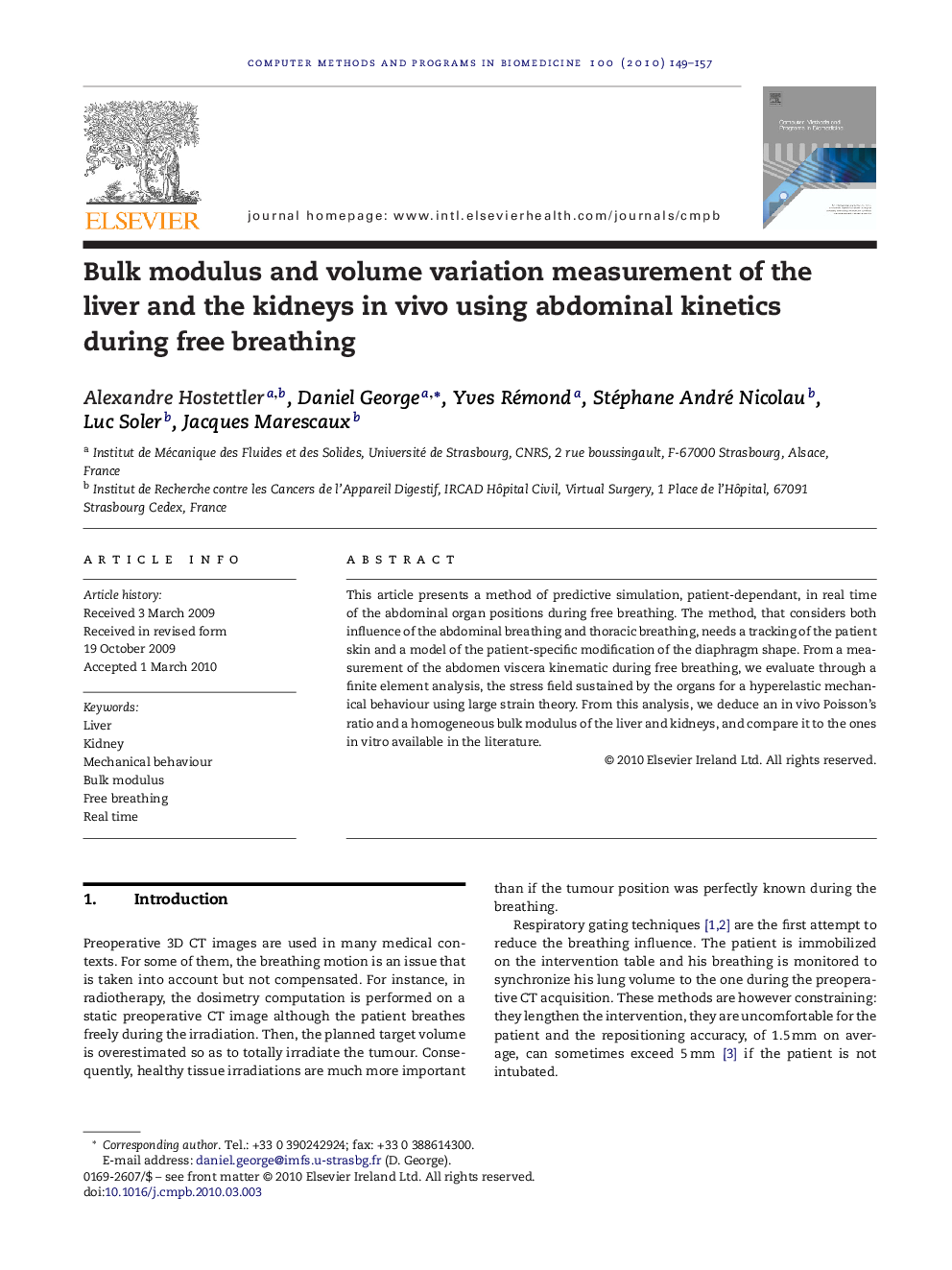 Bulk modulus and volume variation measurement of the liver and the kidneys in vivo using abdominal kinetics during free breathing