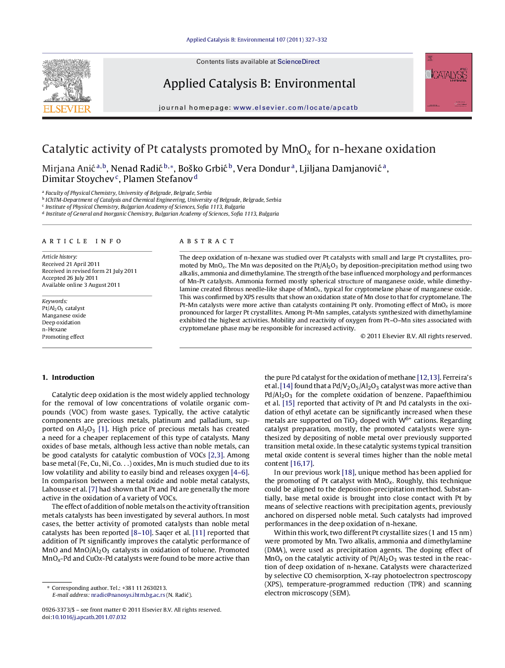 Catalytic activity of Pt catalysts promoted by MnOx for n-hexane oxidation