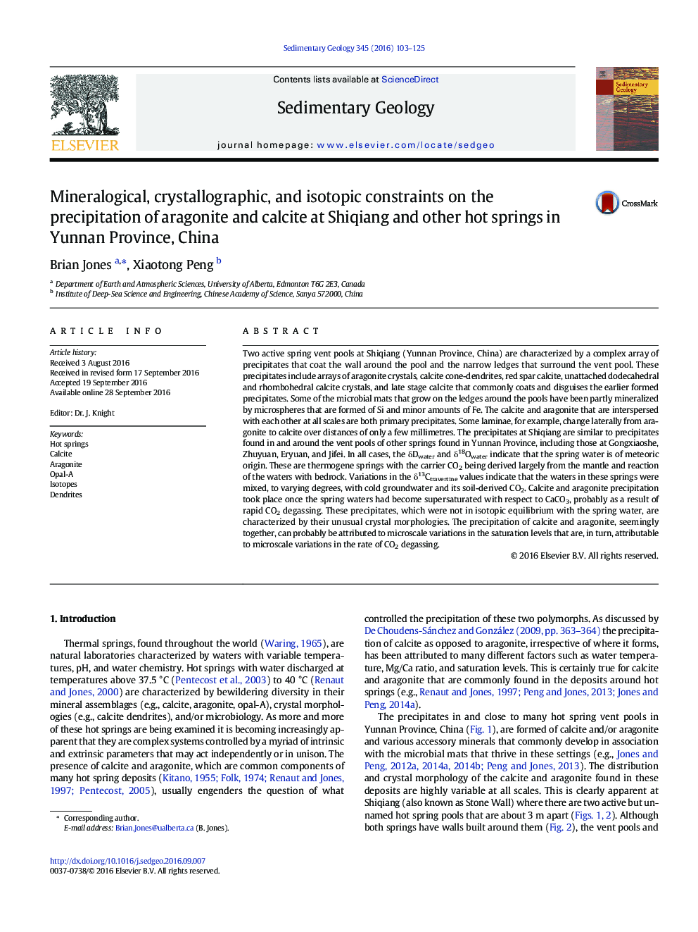 Mineralogical, crystallographic, and isotopic constraints on the precipitation of aragonite and calcite at Shiqiang and other hot springs in Yunnan Province, China