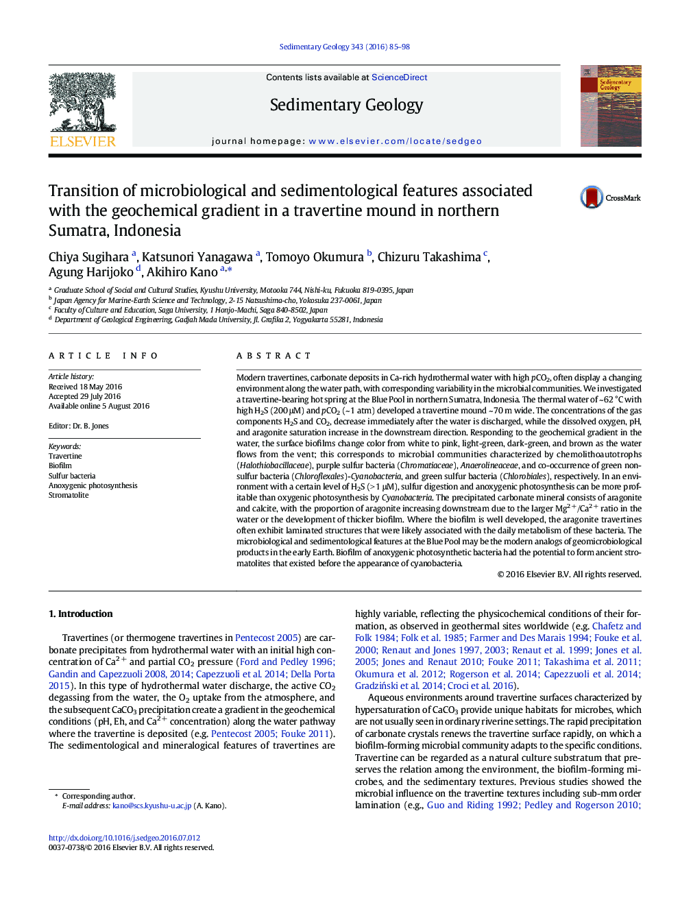 Transition of microbiological and sedimentological features associated with the geochemical gradient in a travertine mound in northern Sumatra, Indonesia