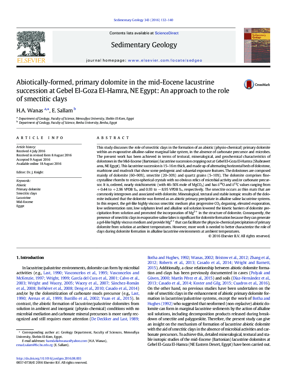 Abiotically-formed, primary dolomite in the mid-Eocene lacustrine succession at Gebel El-Goza El-Hamra, NE Egypt: An approach to the role of smectitic clays
