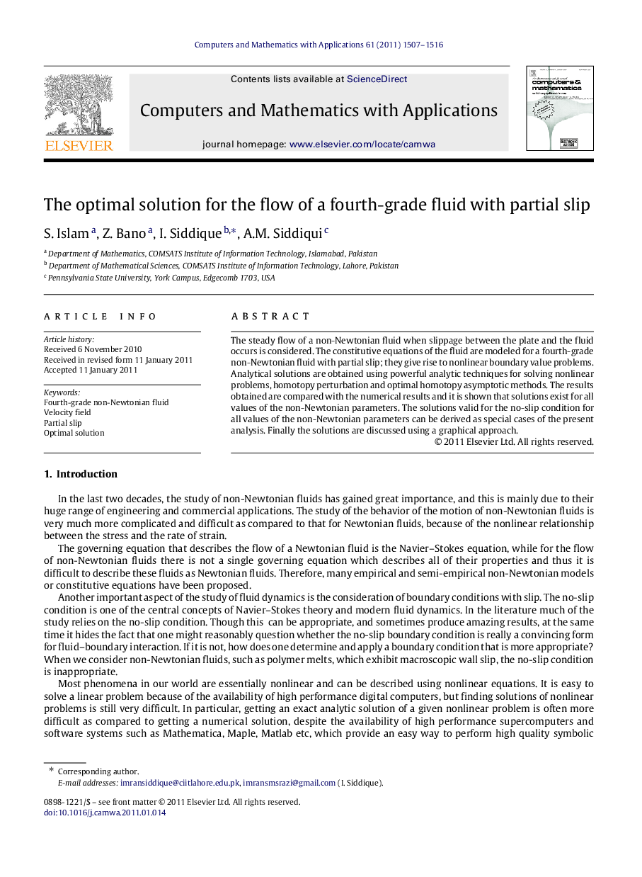 The optimal solution for the flow of a fourth-grade fluid with partial slip