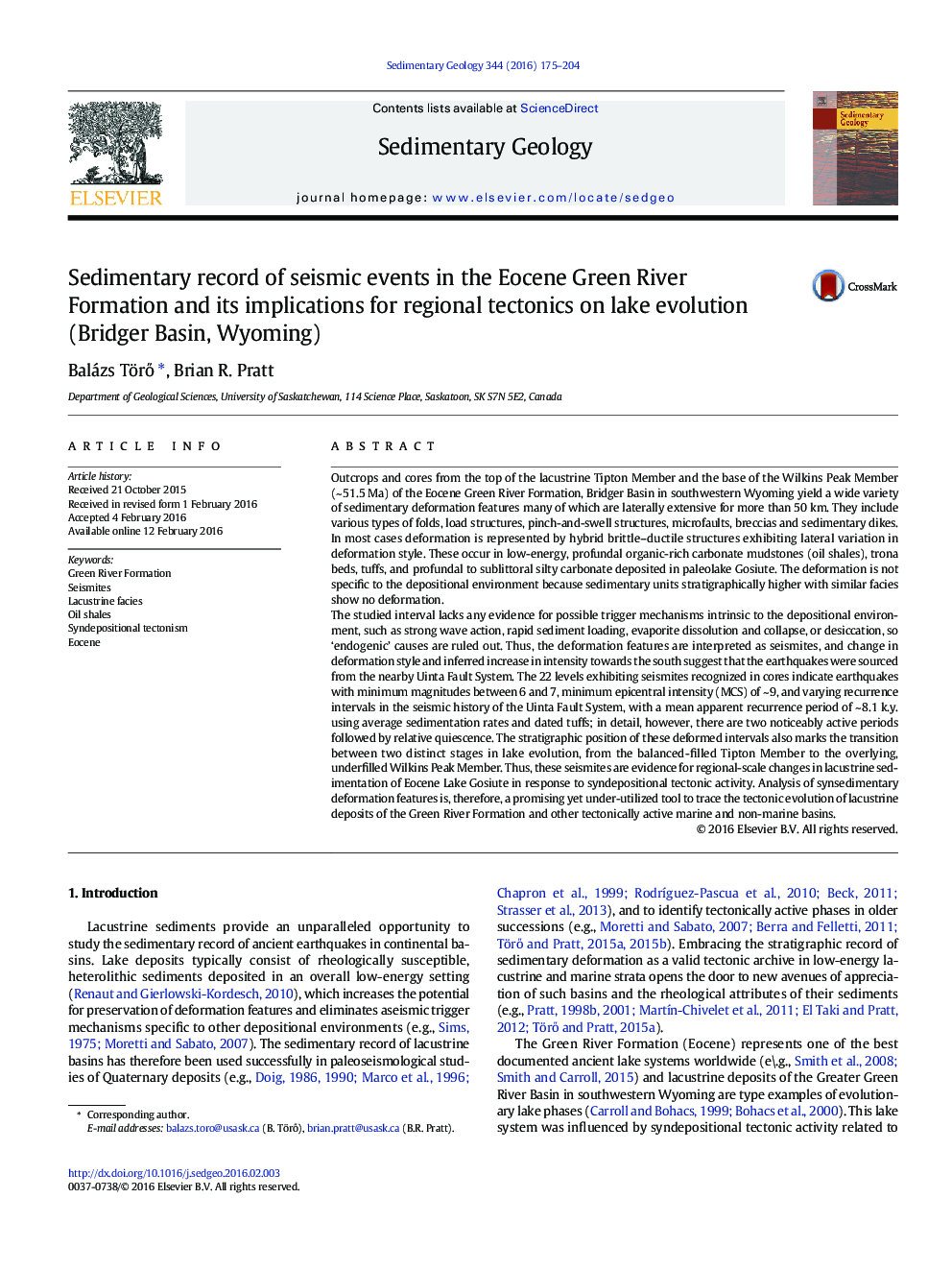 Sedimentary record of seismic events in the Eocene Green River Formation and its implications for regional tectonics on lake evolution (Bridger Basin, Wyoming)