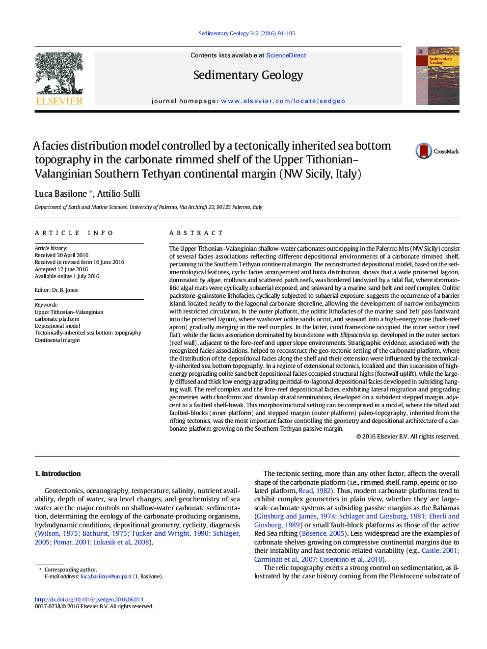 A facies distribution model controlled by a tectonically inherited sea bottom topography in the carbonate rimmed shelf of the Upper Tithonian–Valanginian Southern Tethyan continental margin (NW Sicily, Italy)